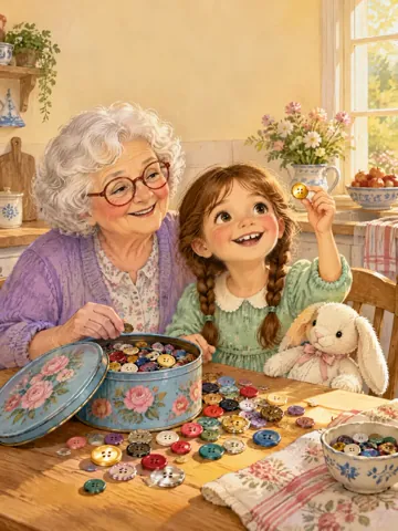 Oma Nelli mit roter Brille und Paula mit zwei Zöpfen sitzen am Küchentisch voller bunter Knöpfe aus einer Rosendose