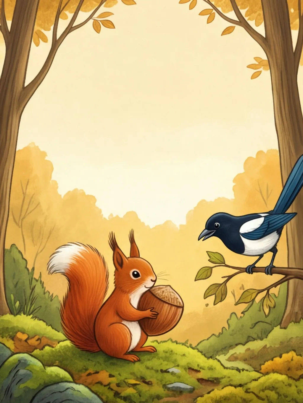 Eichhörnchen Nuss sitzt mit einer Haselnuss im Herbstwald, die Elster Klunker schaut von einem Ast