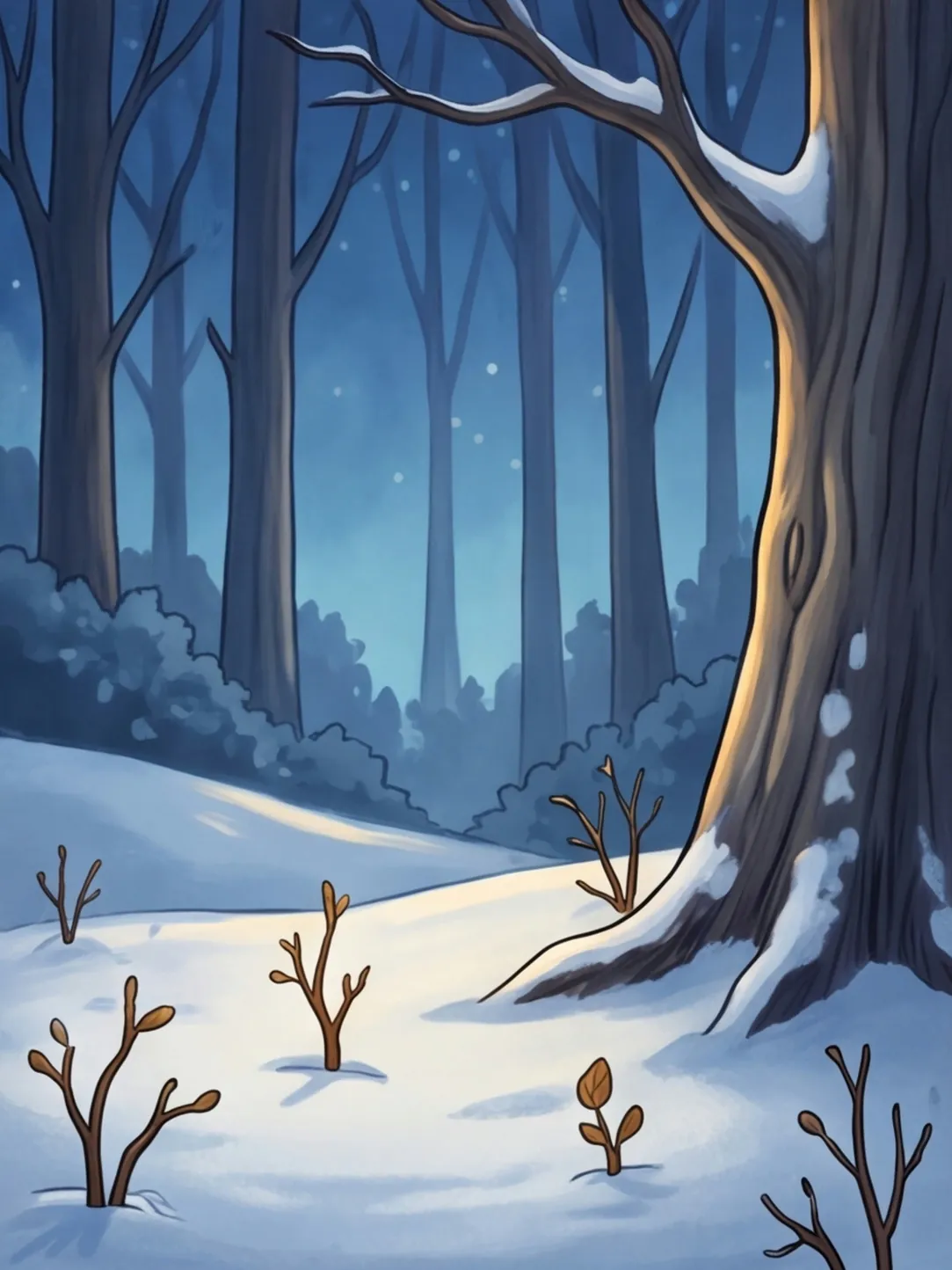 Kleine Baumspitzen schauen im Abendlicht unter einer alten Eiche aus dem Schnee