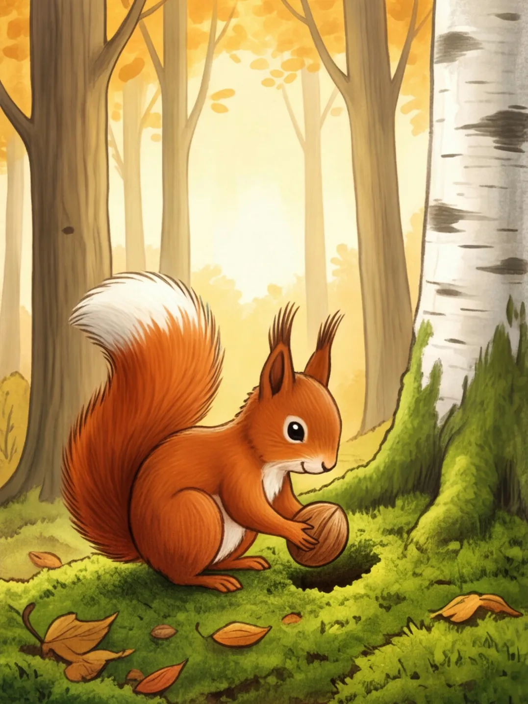 Nuss vergräbt im Herbstwald eine Haselnuss im Moos unter einer Birke