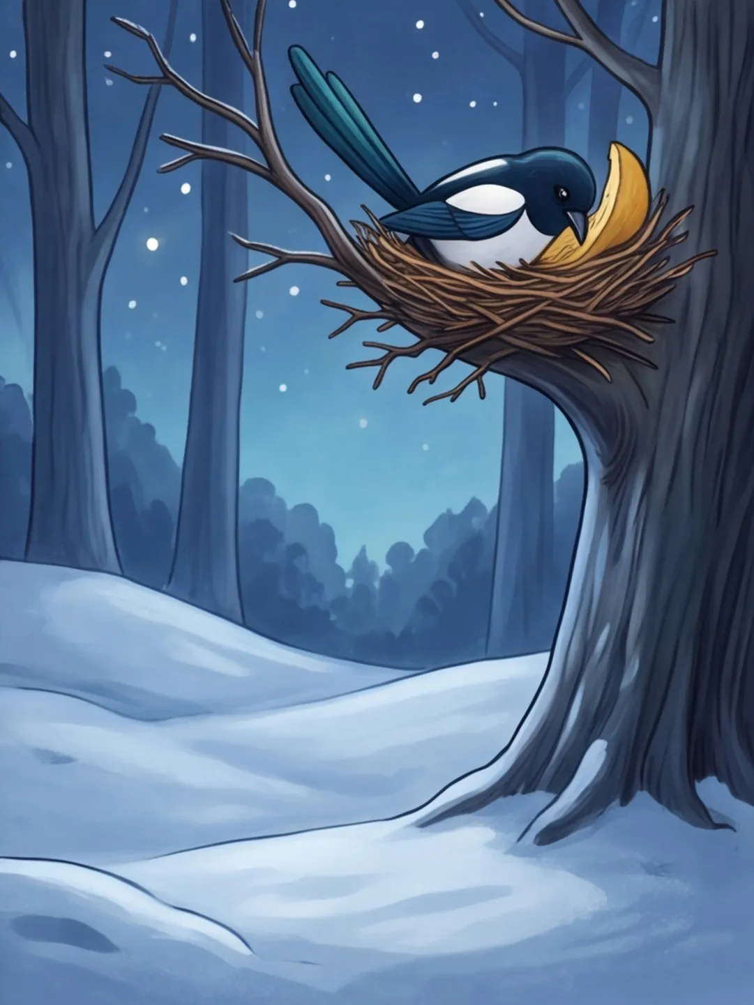 Der verschneite Wald im Mondlicht, Klunker schläft in seinem Nest