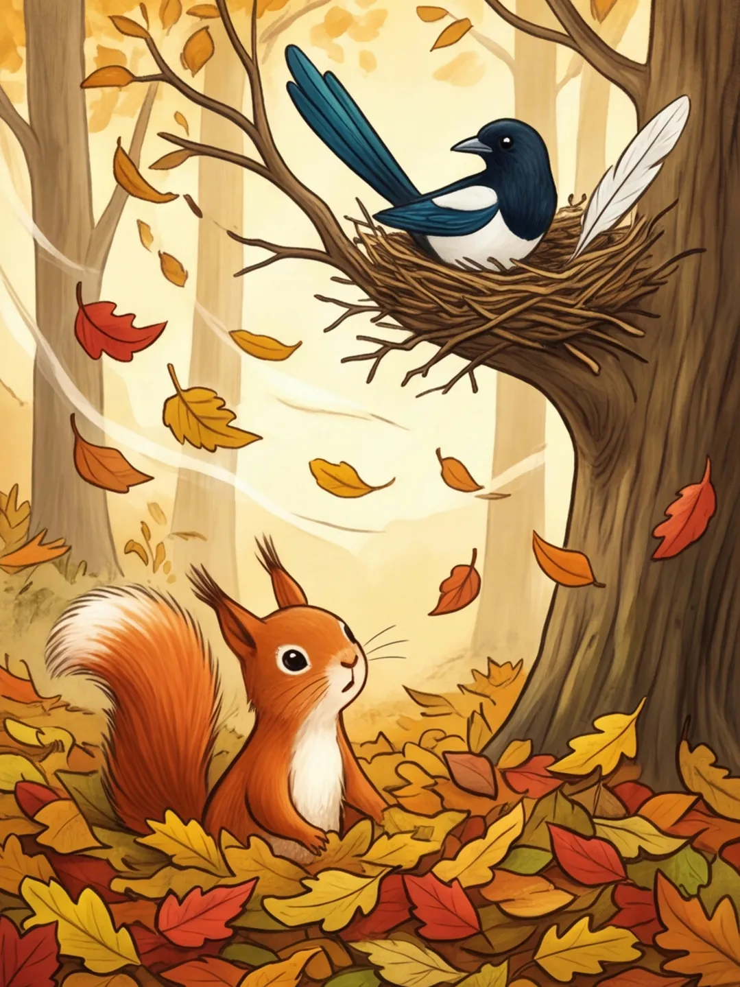 Der Waldboden ist voller Herbstblätter, die Feder steckt in Klunkers Nest