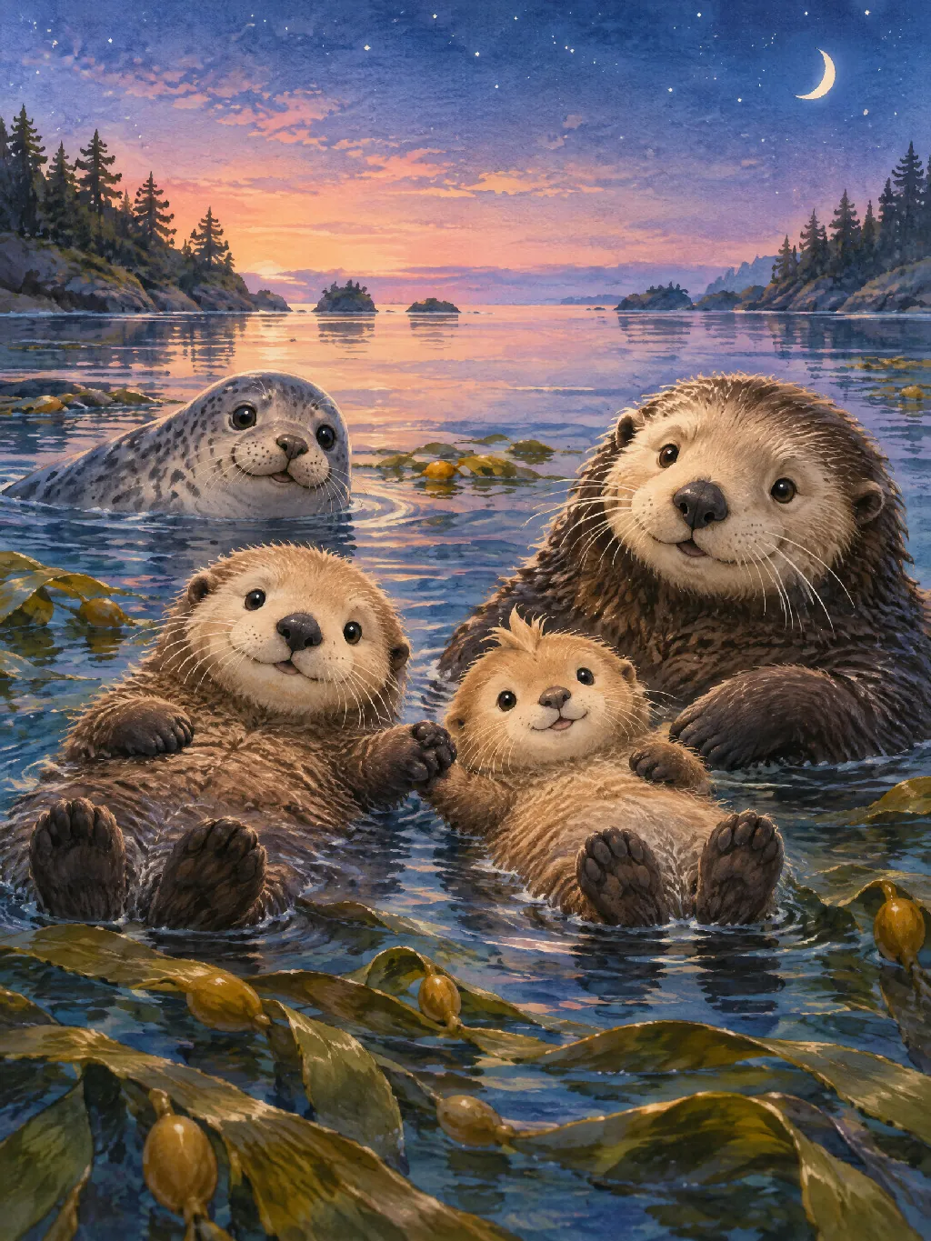 Der kleine Otter Olli und seine Schwester Pip treiben Pfote in Pfote in einer ruhigen Bucht, Mama Otter lächelt neben ihnen