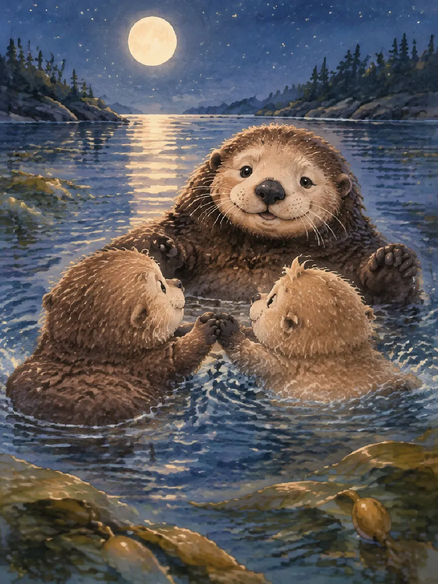 Olli und Pip paddeln Pfote in Pfote zu Mama, die ihnen lächelnd die Pfote hinhält