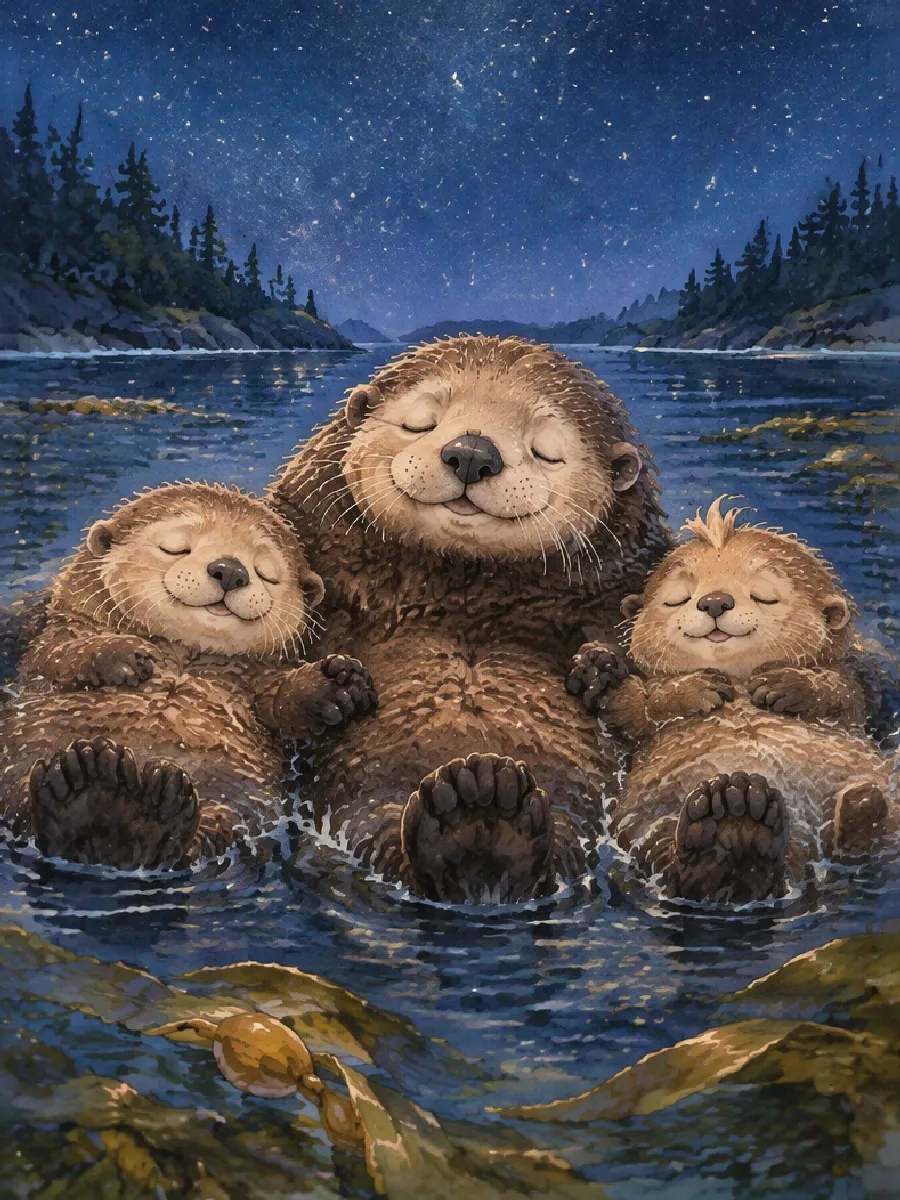 Mama Otter, Olli und Pip schlafen Pfote in Pfote unter einem Himmel voller Sterne