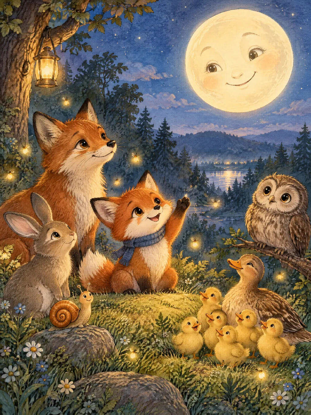 Der kleine Fuchs Oskar mit blauem Schal sitzt in der Dämmerung auf einem Hügel und winkt dem lächelnden Vollmond zu