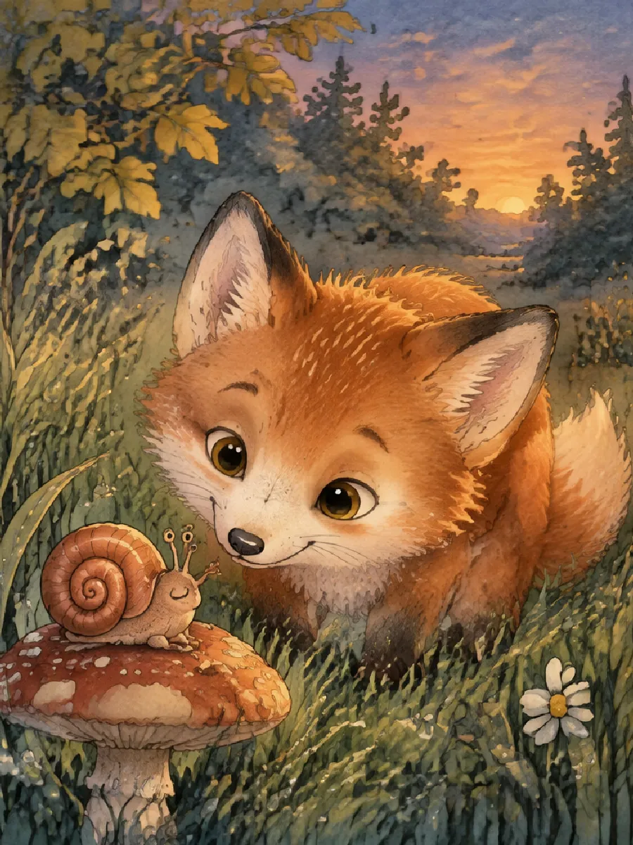 Oskar beugt sich zu einer Schnecke auf einem Pilz, die müde ihre Fühler einzieht
