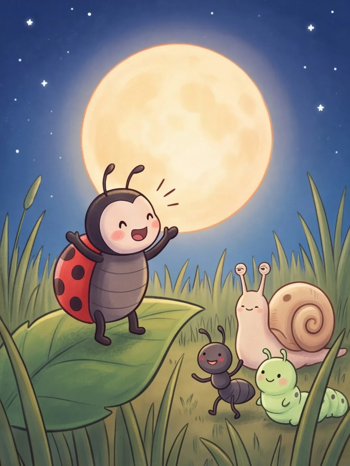 Mia ruft im Mondlicht nach Schnecke, Ameise und Raupe
