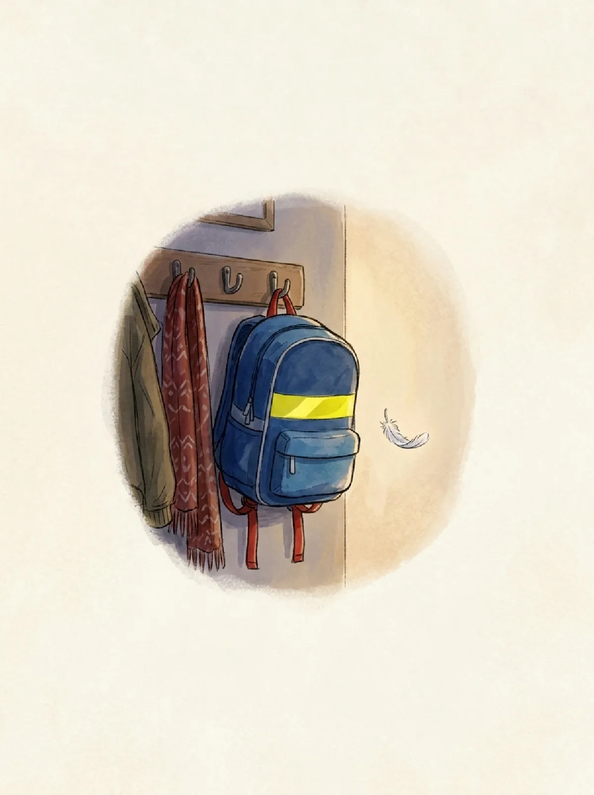Ein blauer Schulrucksack am Haken, daneben schwebt eine kleine Feder