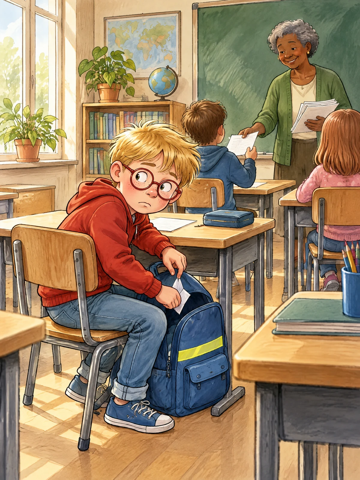 Jonte schiebt im Klassenzimmer heimlich ein kleines gefaltetes Blatt in seinen Rucksack