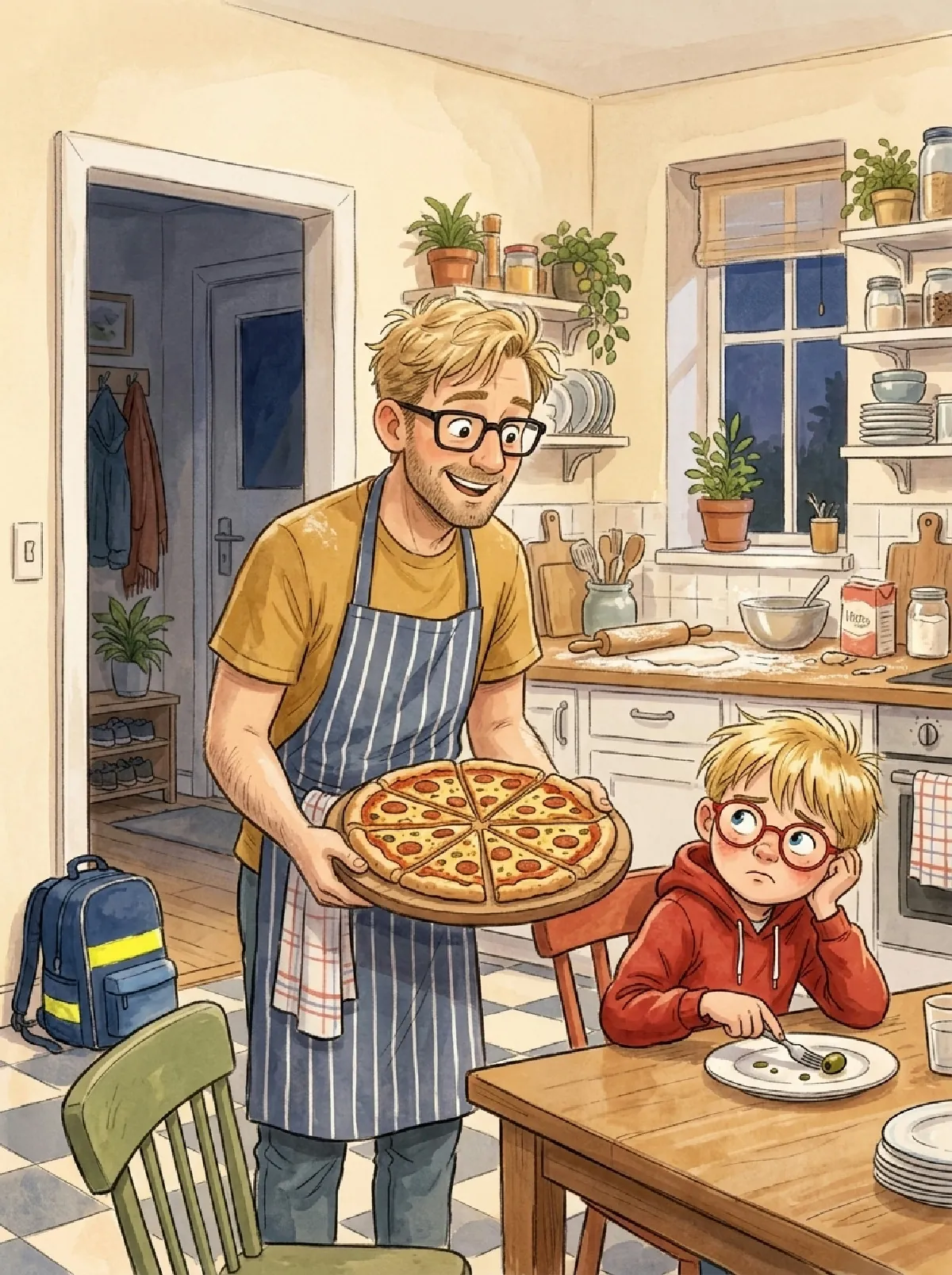 Papa hält stolz die Pizza hoch, Jonte stochert in seiner Olive und schaut in den Flur