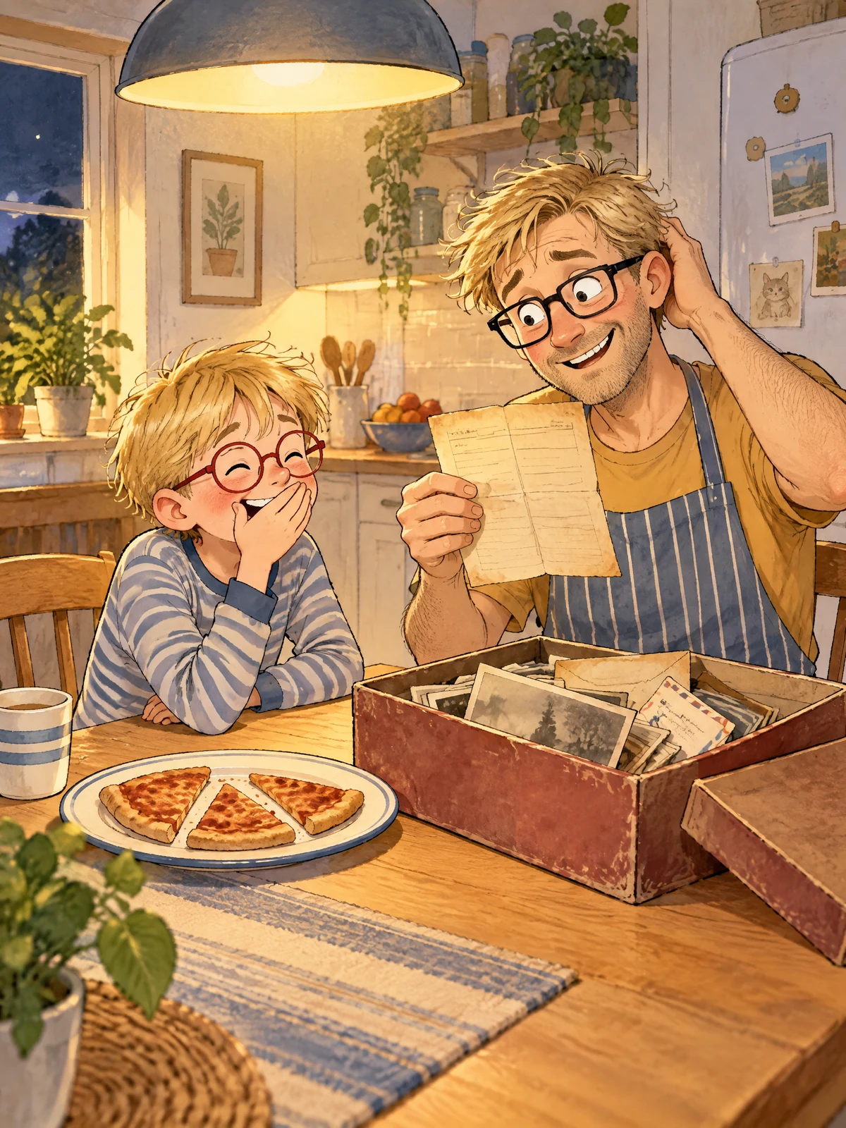Papa zeigt lachend sein altes Zeugnis, Jonte prustet los, auf dem Tisch drei Pizzastücke