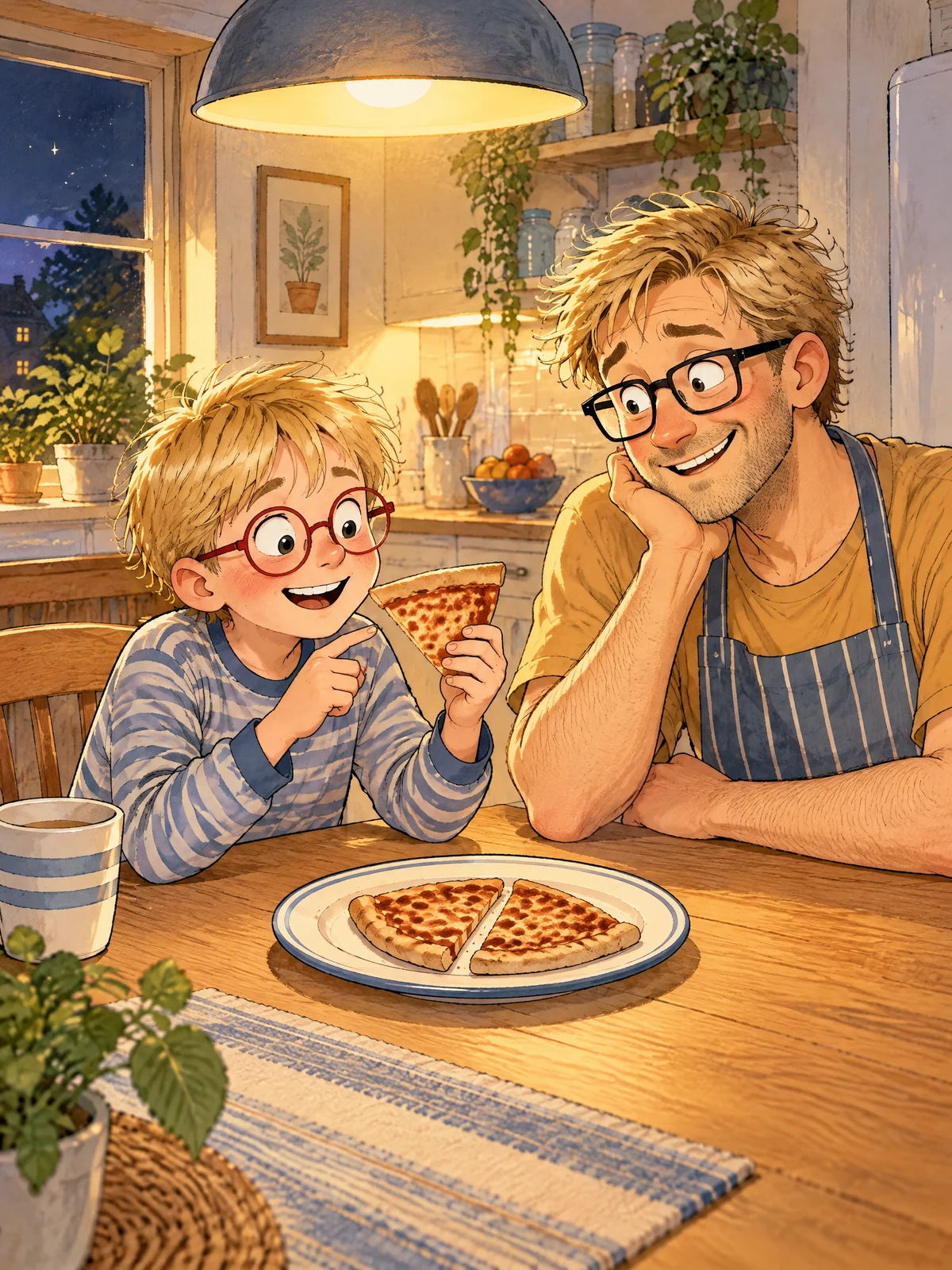 Jonte vergleicht um Mitternacht Pizzastücke, Papa grinst