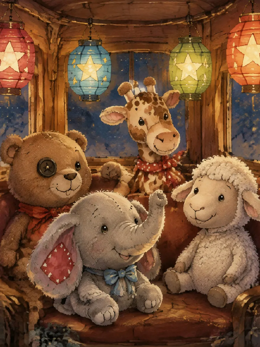 Im laternenhellen Zugwagen sitzen ein Teddy, eine Giraffe mit Halstuch, ein Schaf und Rüssel