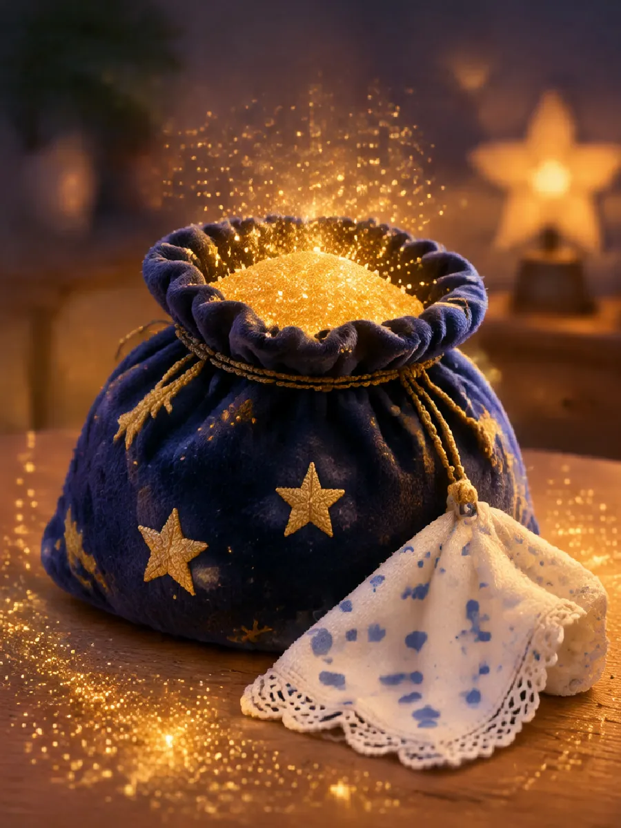 Ein kleiner Samtbeutel mit goldenem Sand und ein gepunktetes Taschentuch