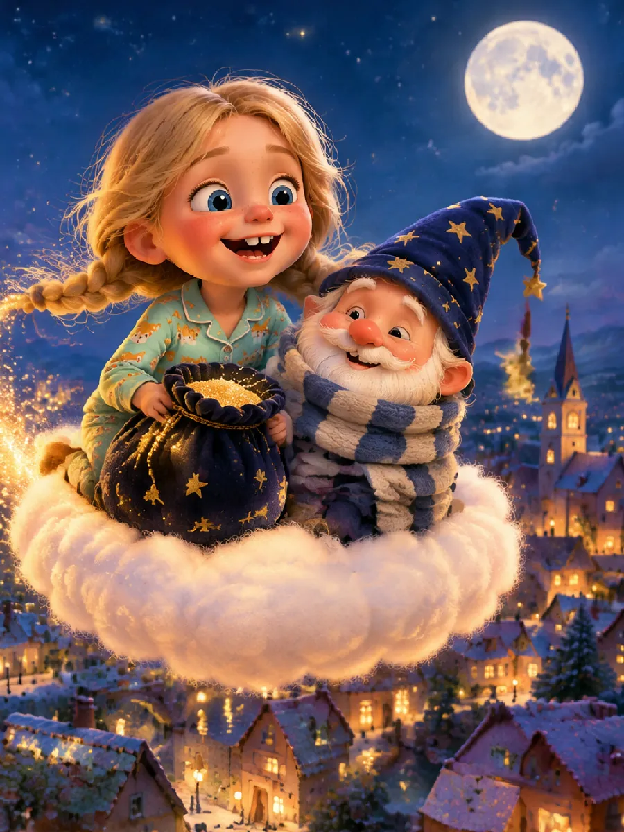 Lina und der Sandmann schweben auf der kleinen Wolke aus dem Fenster in die Sternennacht