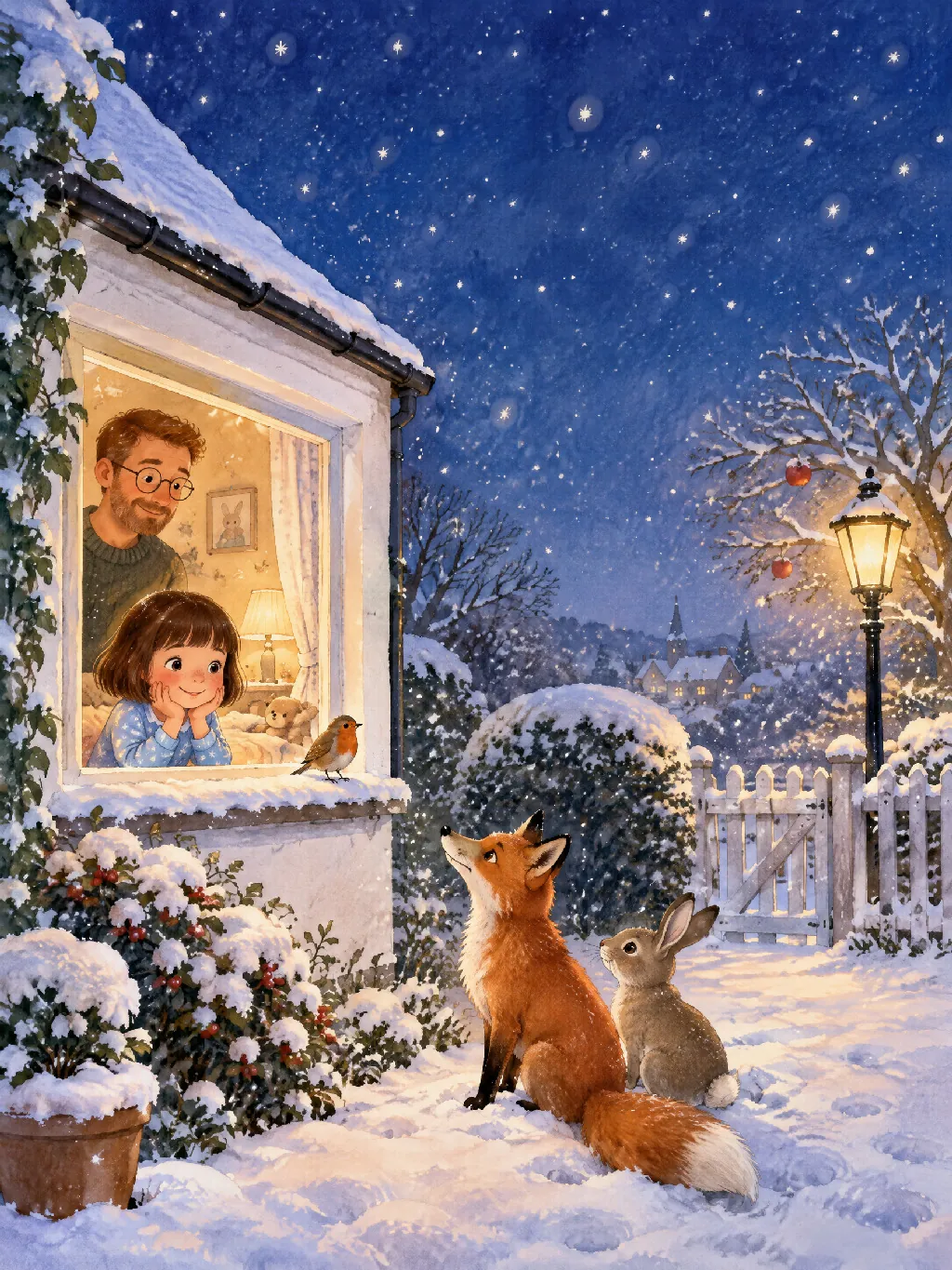 Ida schaut im Schlafanzug aus dem leuchtenden Fenster, draußen im Schnee sehen ein Fuchs, ein Hase und ein Rotkehlchen zu ihr hinauf