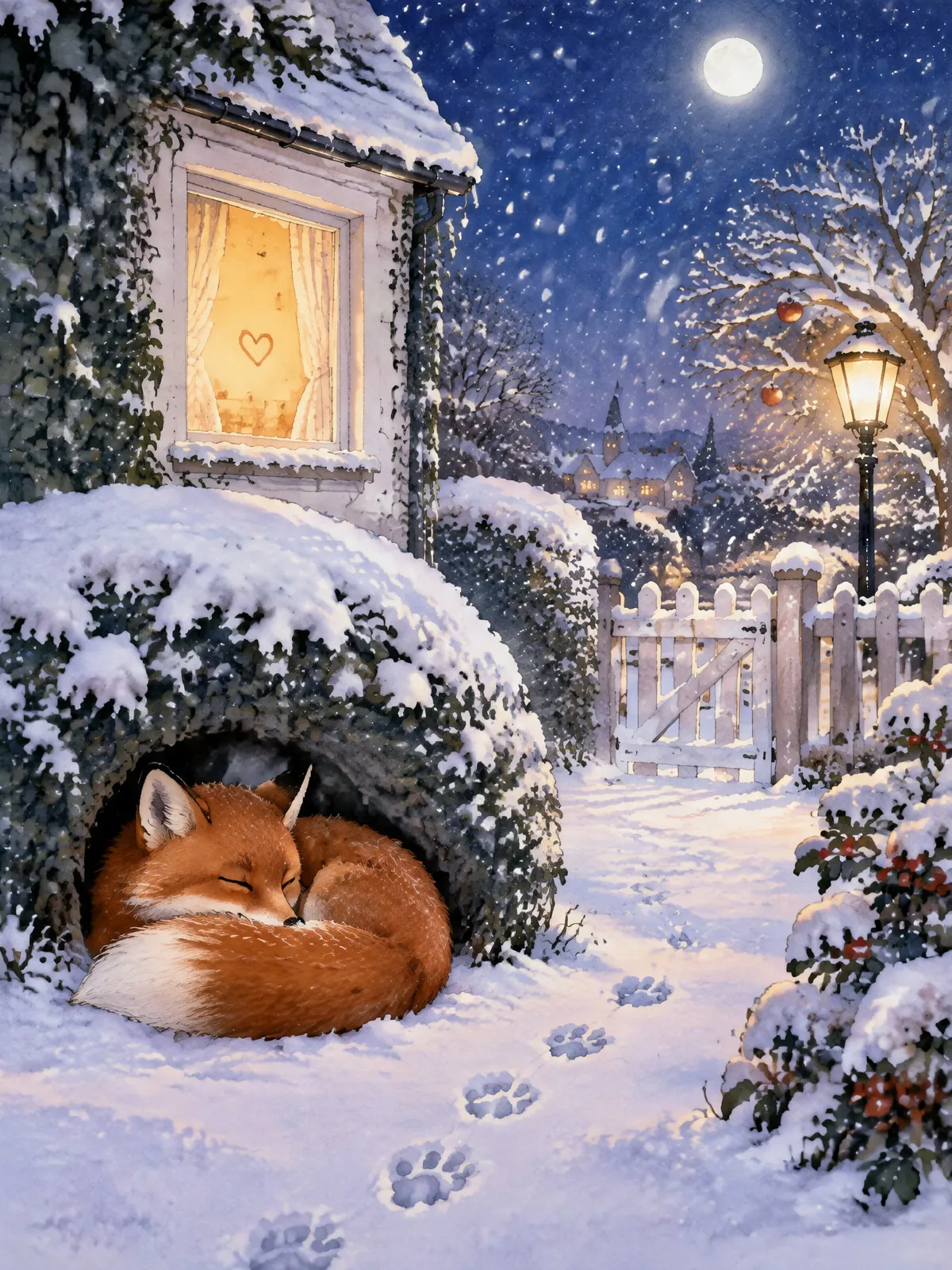 Ein Fuchs hat sich nachts unter der verschneiten Hecke eingerollt, die Schwanzspitze auf der Nase