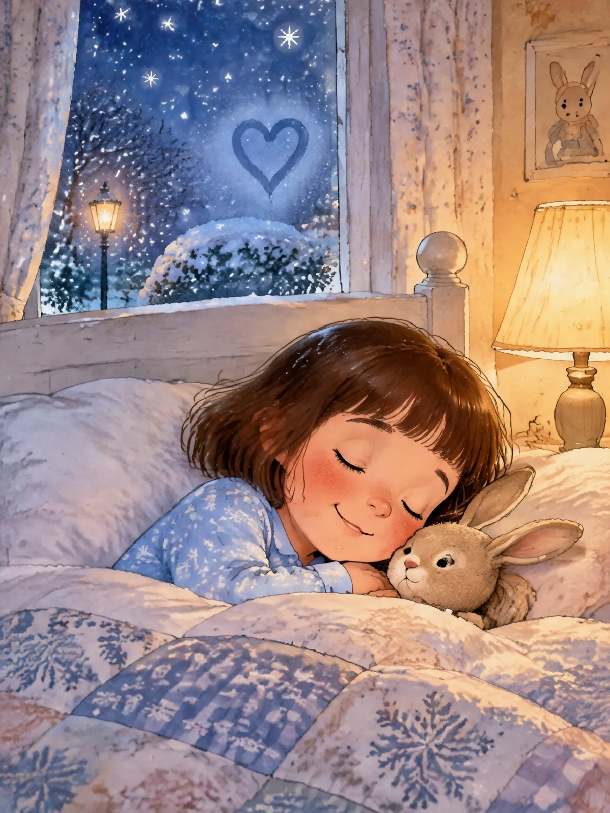 Ida schläft lächelnd im Bett, an der Scheibe ist ein neues Herz, draußen fällt Schnee
