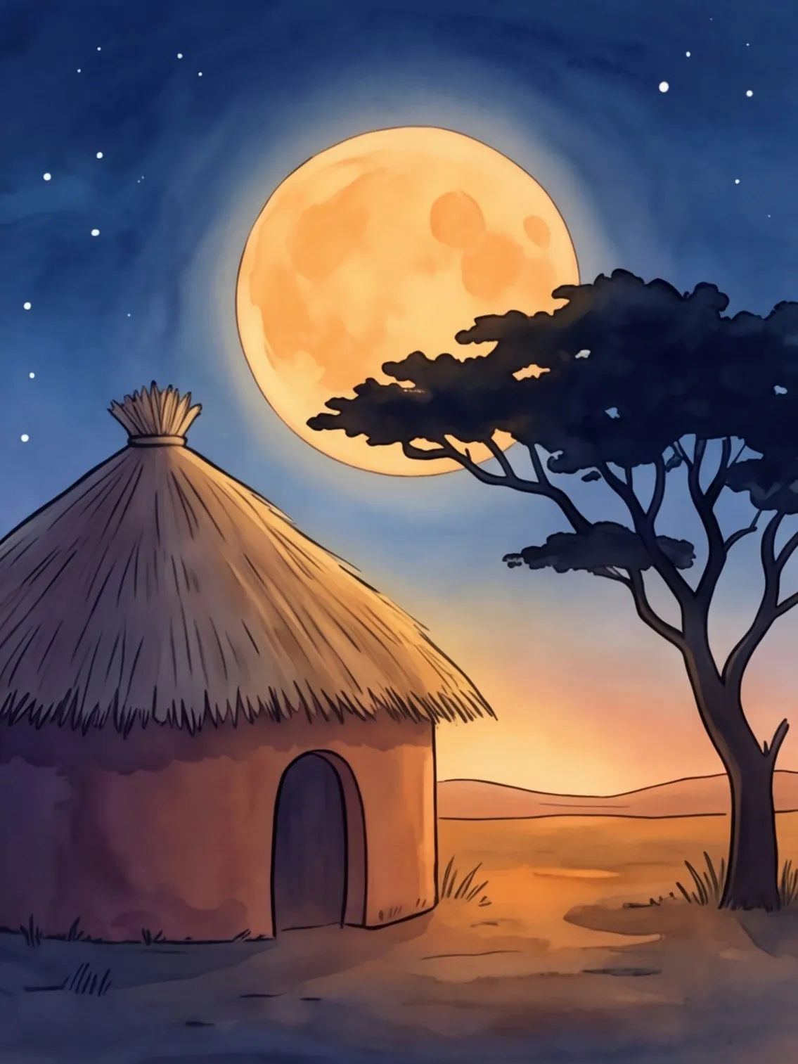 Eine runde Hütte mit Strohdach unter einem großen orangen Mond