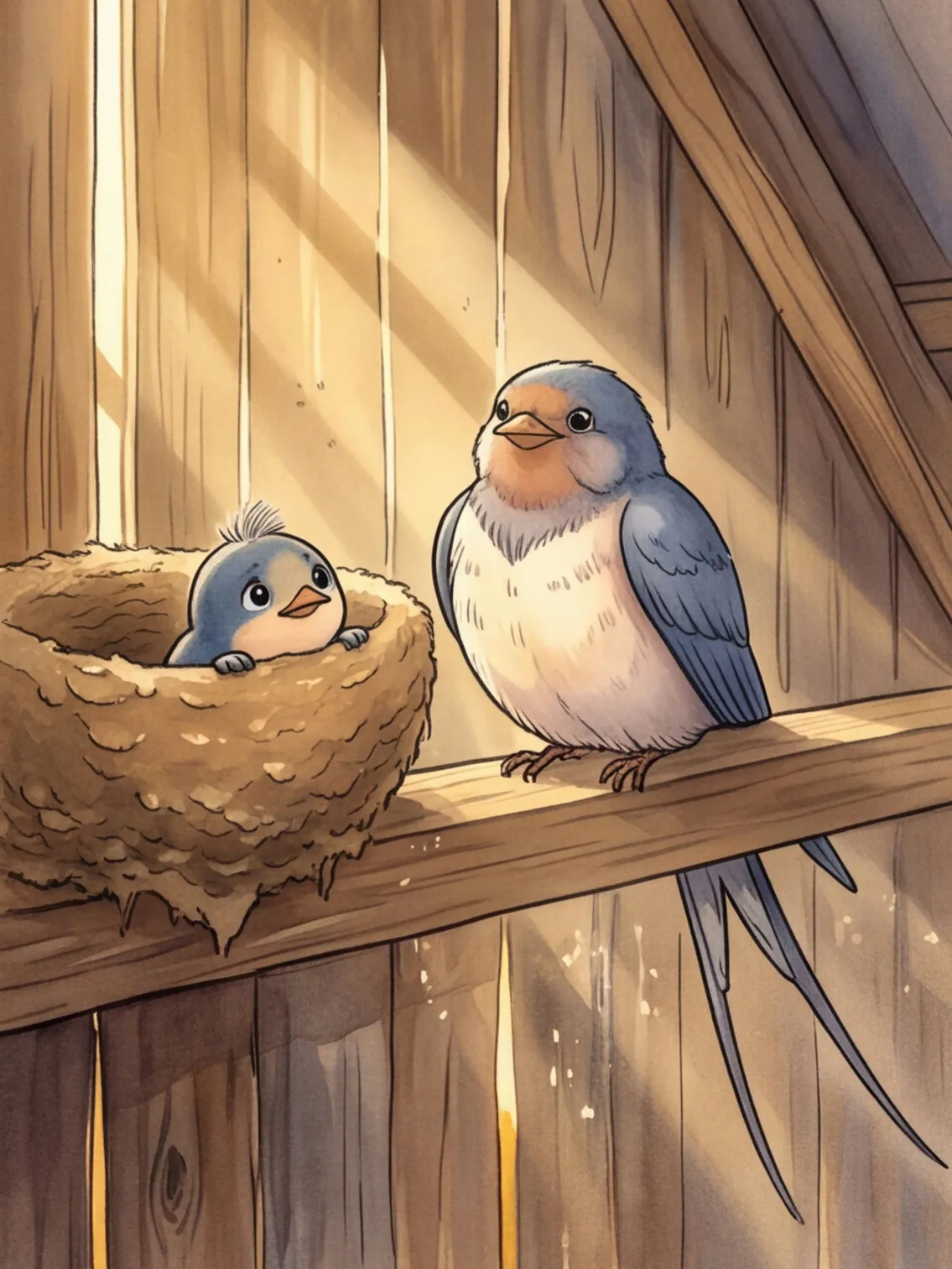 Opa Kasimir plustert sich auf dem Balken auf, Lilli schaut besorgt aus dem Nest