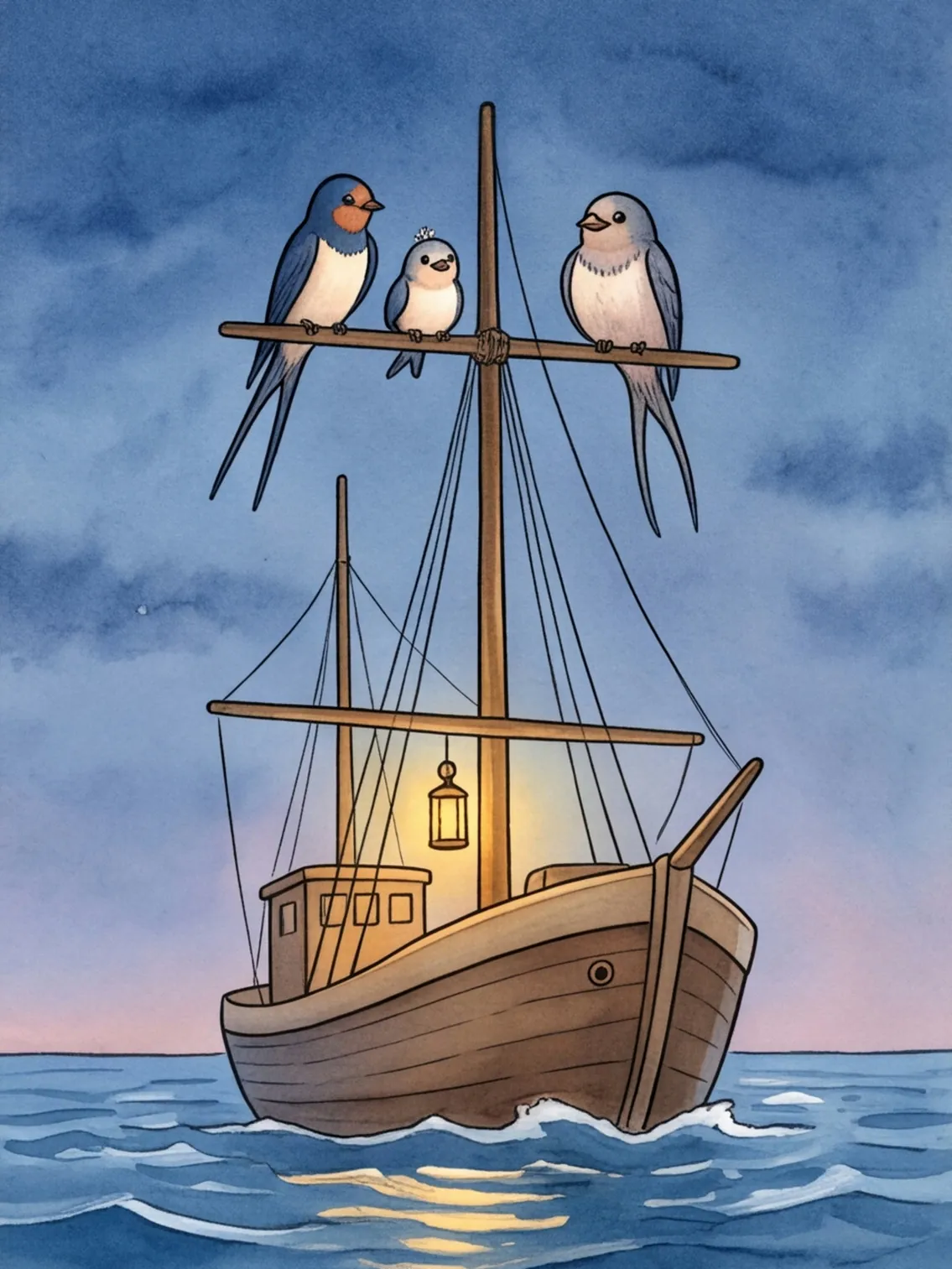Die drei Schwalben ruhen in der Dämmerung auf dem Mast eines Schiffs