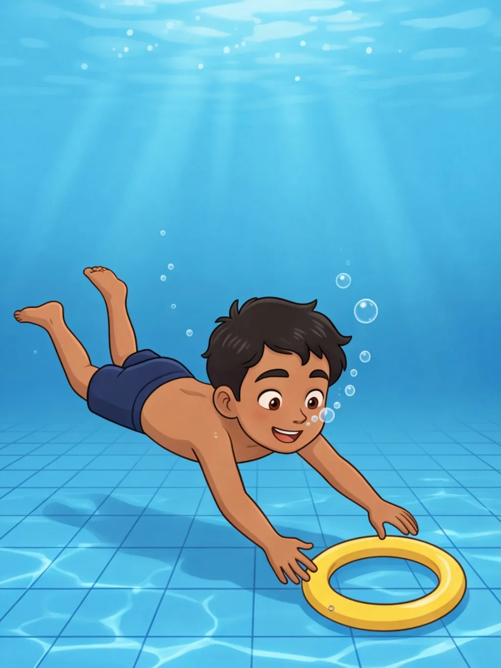 Tarek taucht mit offenen Augen im Schwimmbad nach einem gelben Ring, Blasen steigen aus seiner Nase