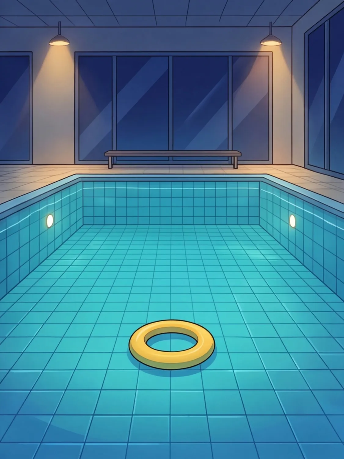 Ein leeres, stilles Schwimmbecken bei Nacht, auf dem Boden liegt ein gelber Ring