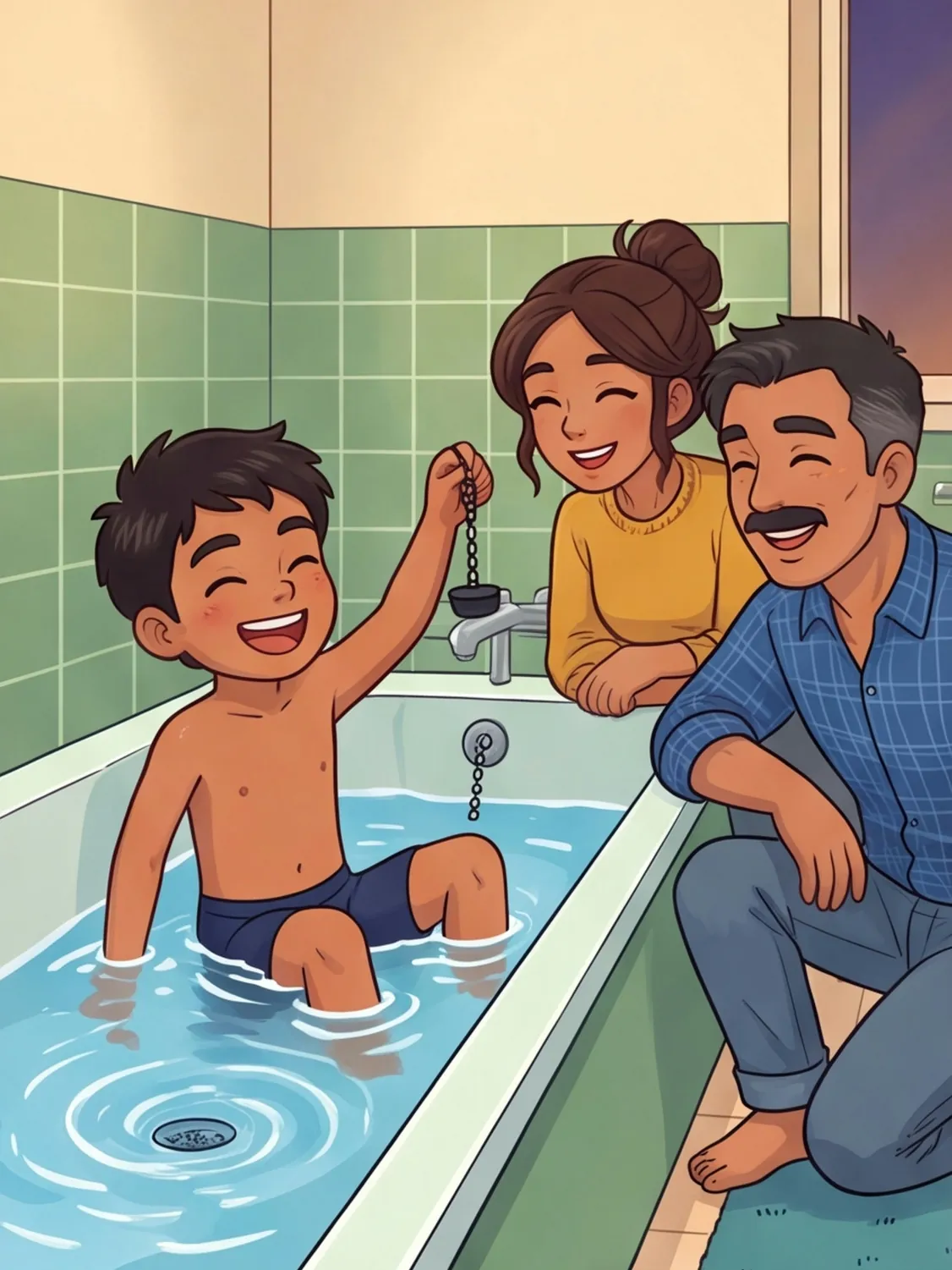 Tarek hält lachend den Stöpsel hoch, Mama und Papa lachen mit