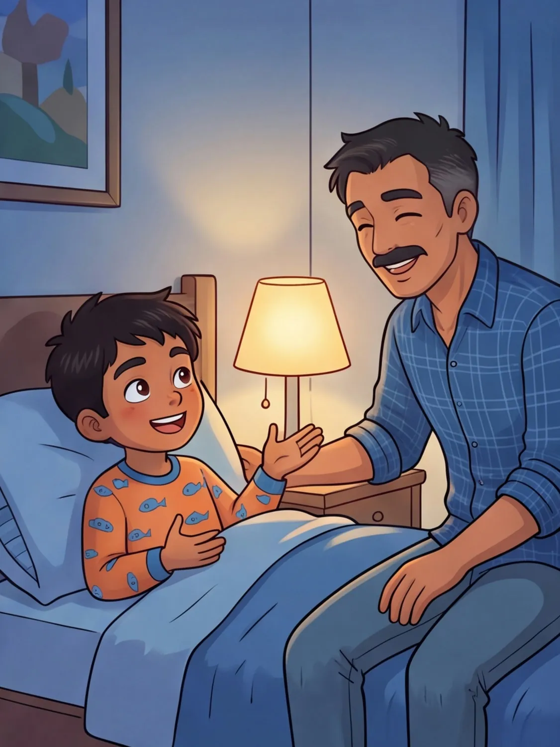 Papa sitzt bei Tarek auf der Bettkante, nur eine kleine Lampe brennt