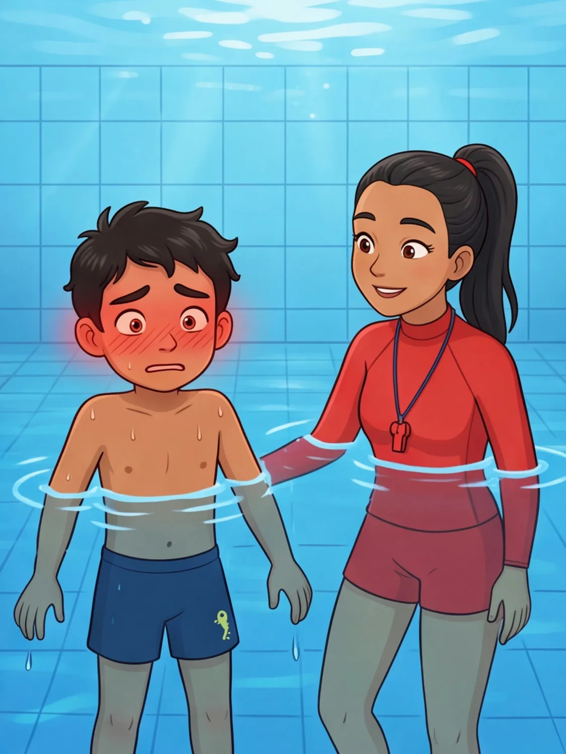 Tarek ist mit knallroten Ohren aufgetaucht, die Schwimmlehrerin lächelt freundlich
