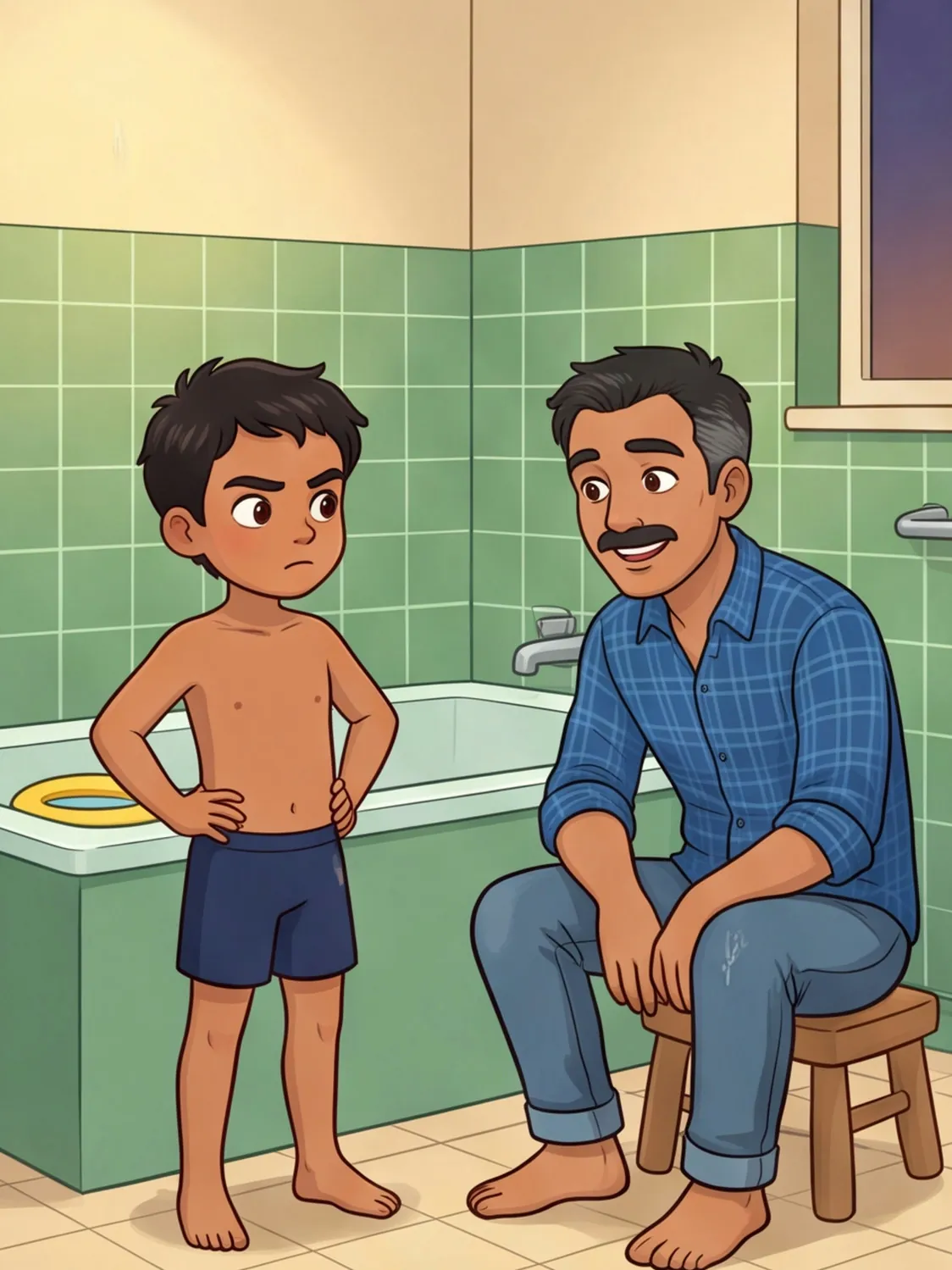 Tarek steht in Badehose ernst neben der Badewanne, Papa sitzt auf einem Hocker