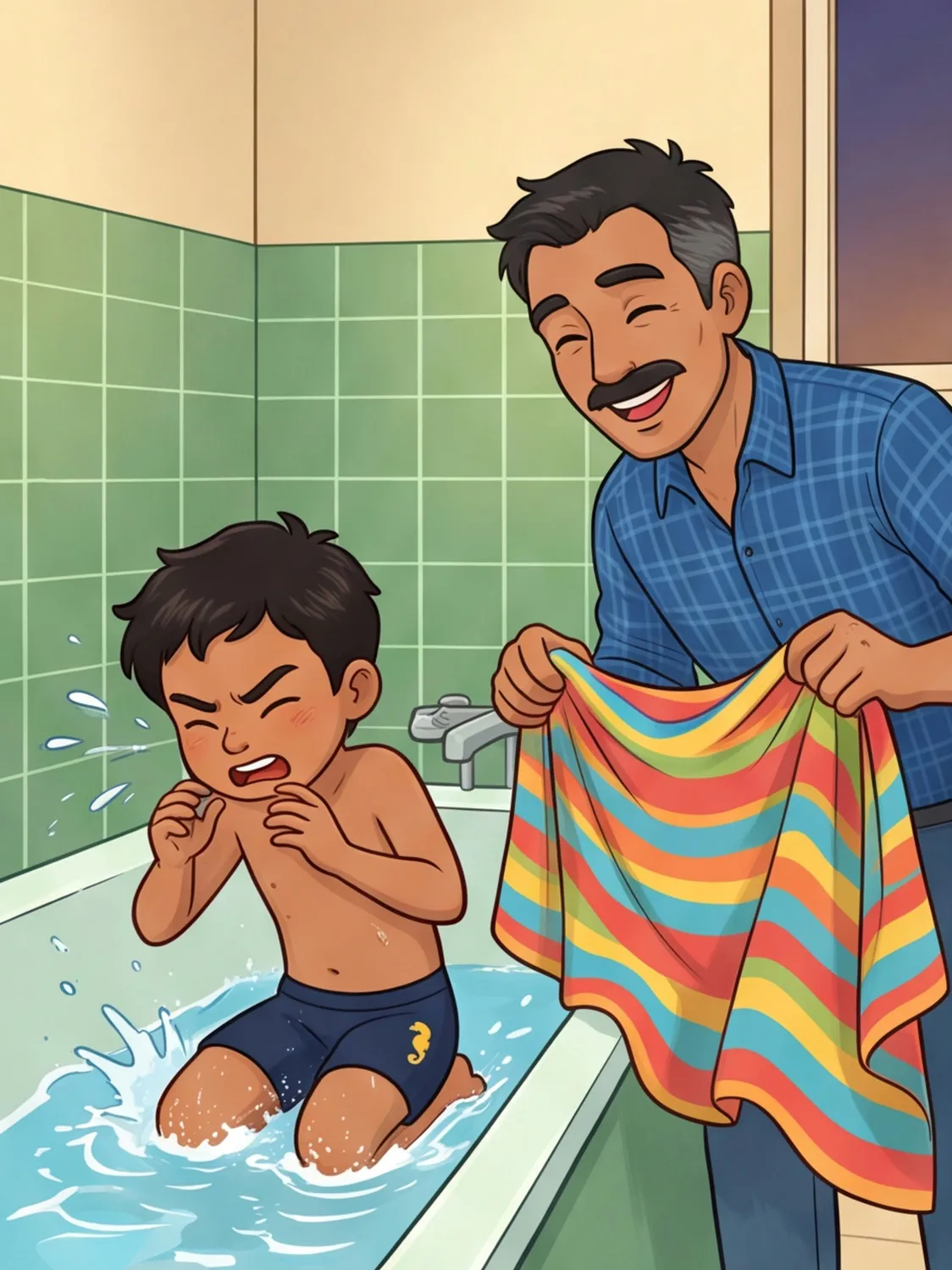 Tarek prustet und niest in der Badewanne, Papa reicht ihm grinsend ein Handtuch