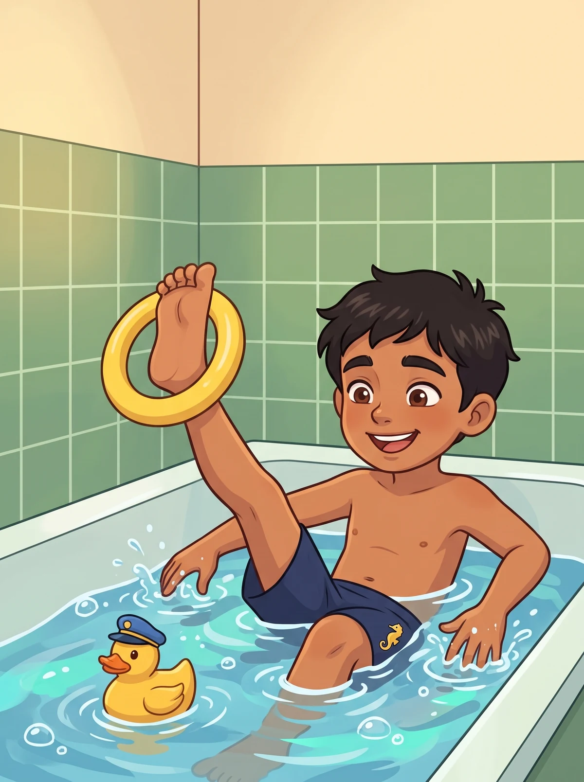 Tarek hält in der Wanne den gelben Ring mit den Zehen hoch