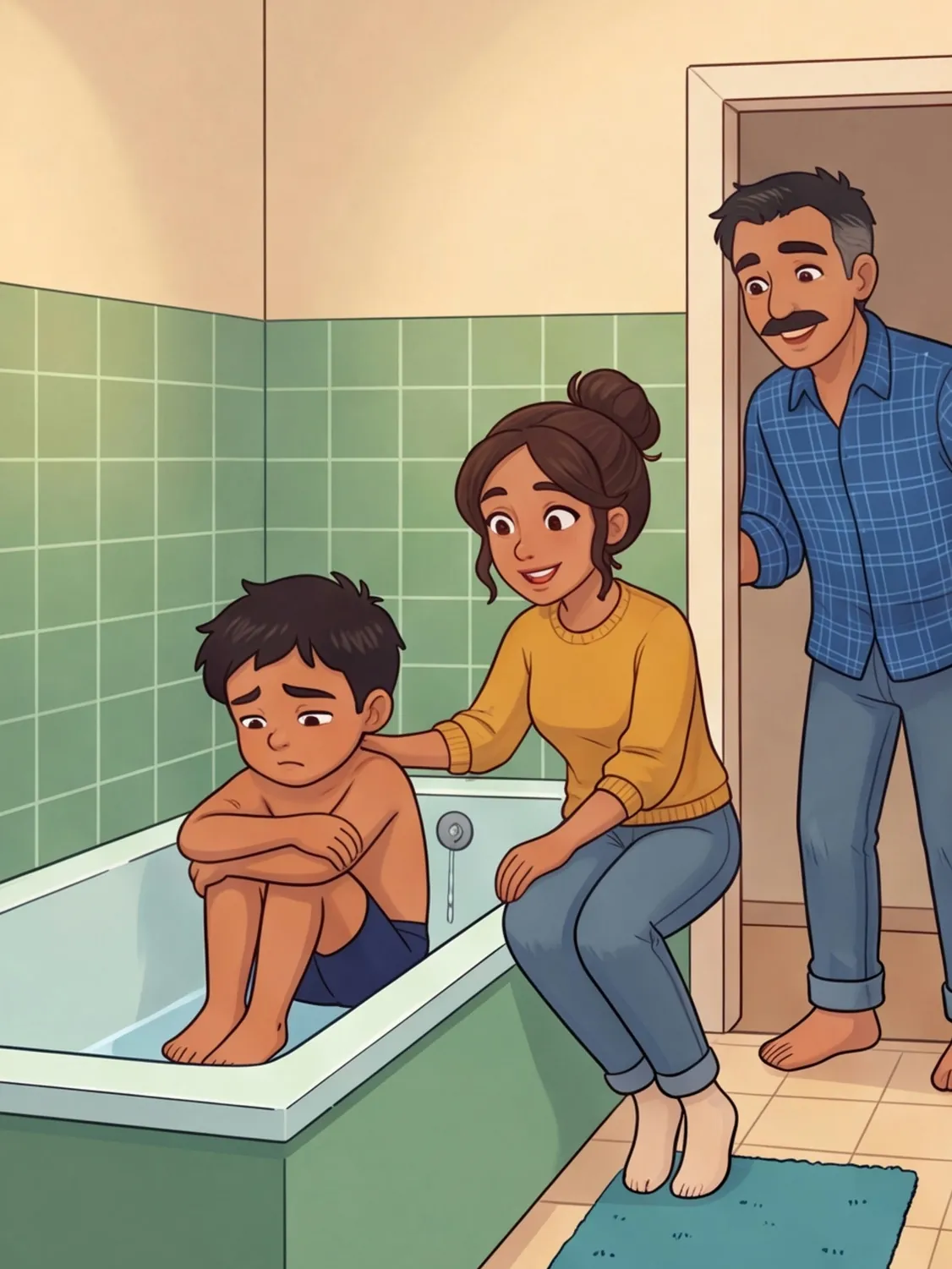 Tarek sitzt traurig in der Wanne, Mama sitzt am Rand, Papa lehnt in der Tür