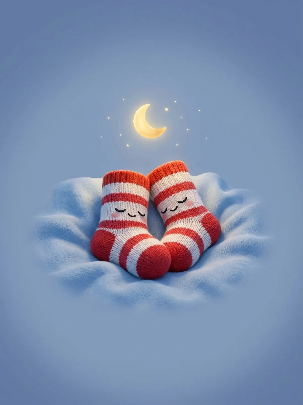 Zwei geringelte Socken liegen aneinandergekuschelt auf einer blauen Decke unter einem kleinen Mond