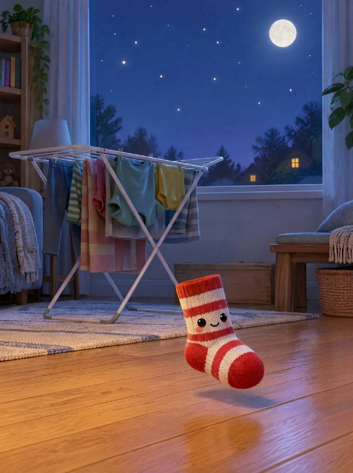 Die geringelte Socke Ringel ist im Mondlicht vom Wäscheständer auf den Boden geplumpst