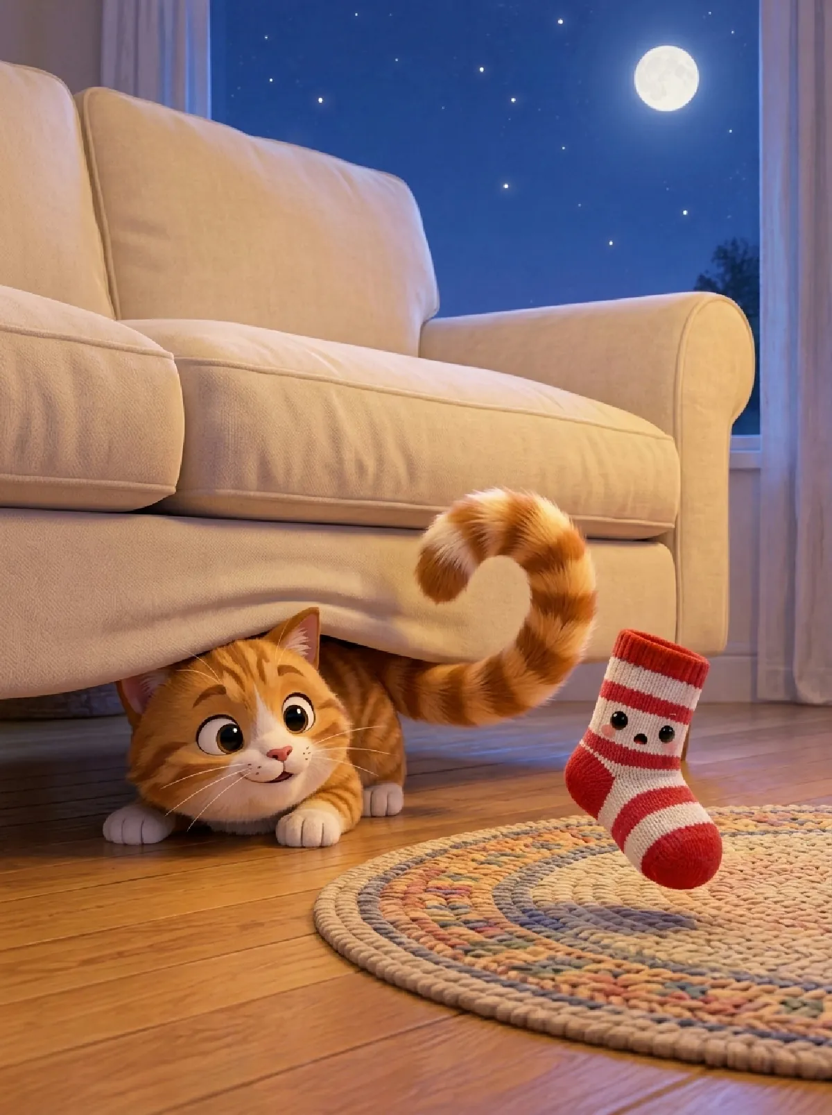 Der gestreifte Schwanz von Kater Tiger hat sich um Ringel gewickelt