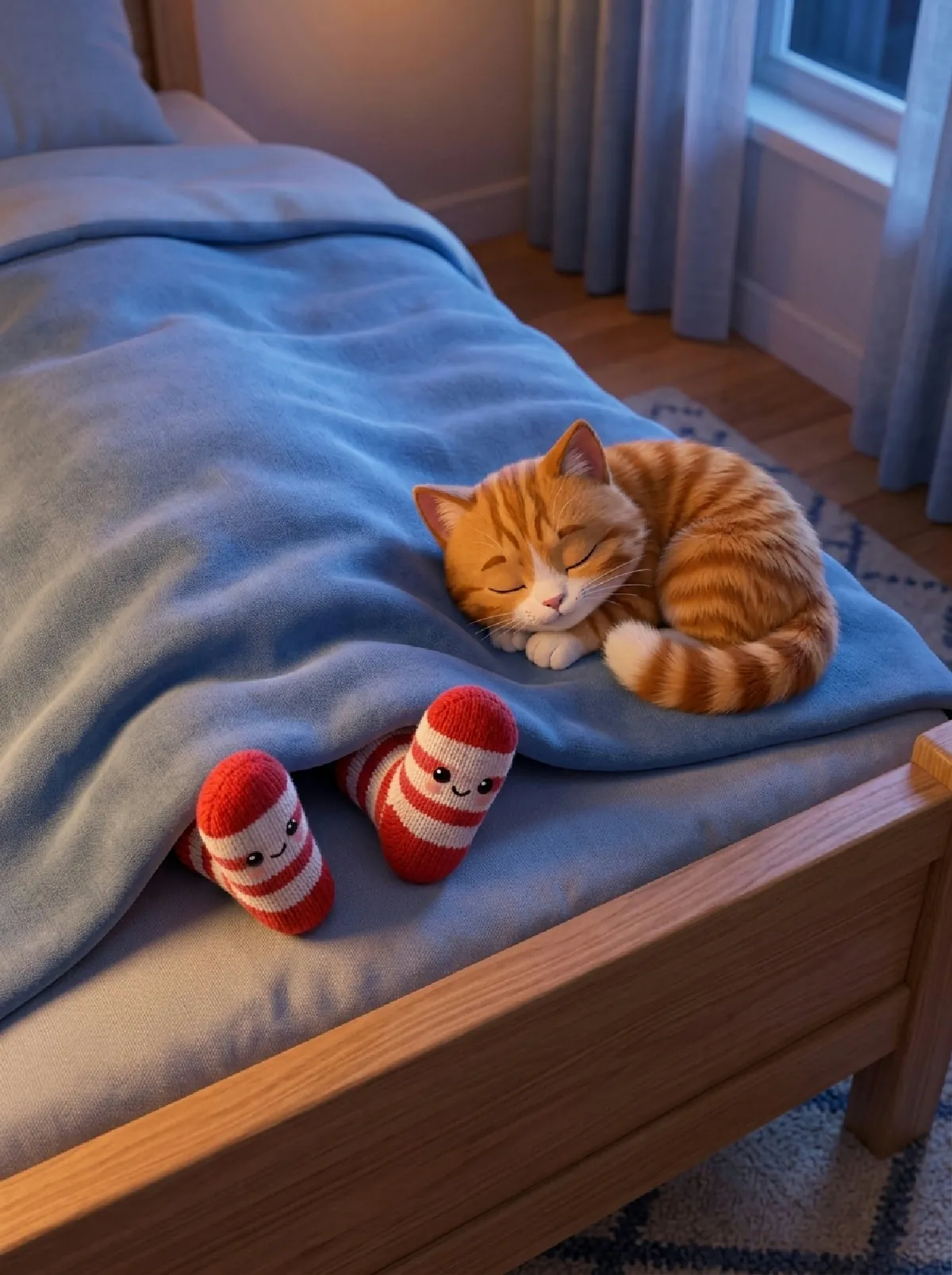 Zwei Füße in zwei rot-weißen Ringelsocken, daneben rollt sich Kater Tiger ein