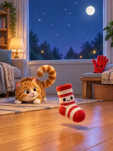 Eine rot-weiß geringelte Socke mit Knopfaugen hopst über den Holzboden, Kater Tiger und ein roter Handschuh schauen zu