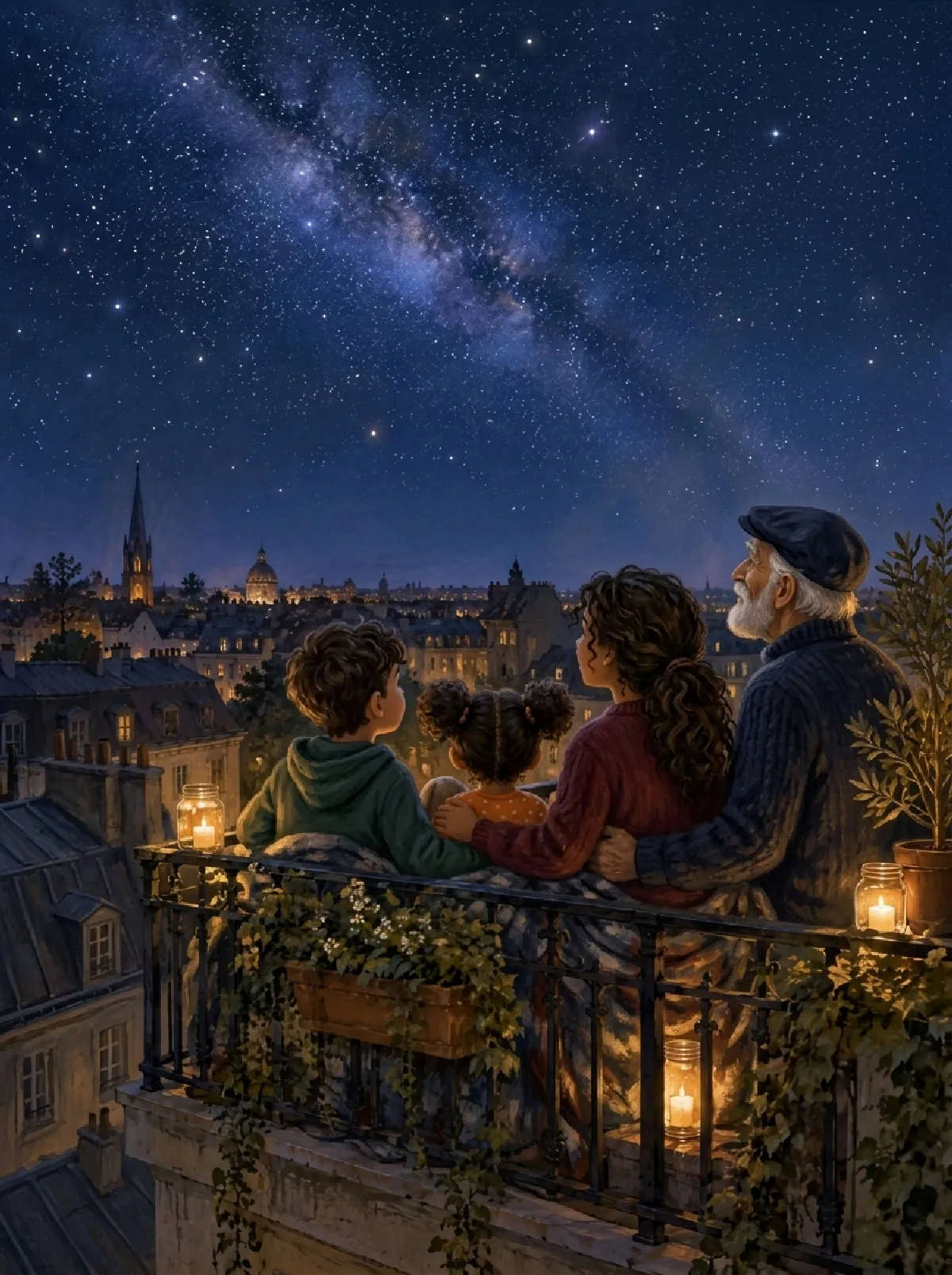 Die Familie und Herr Albrecht stehen auf dem Balkon über der dunklen Stadt unter der Milchstraße
