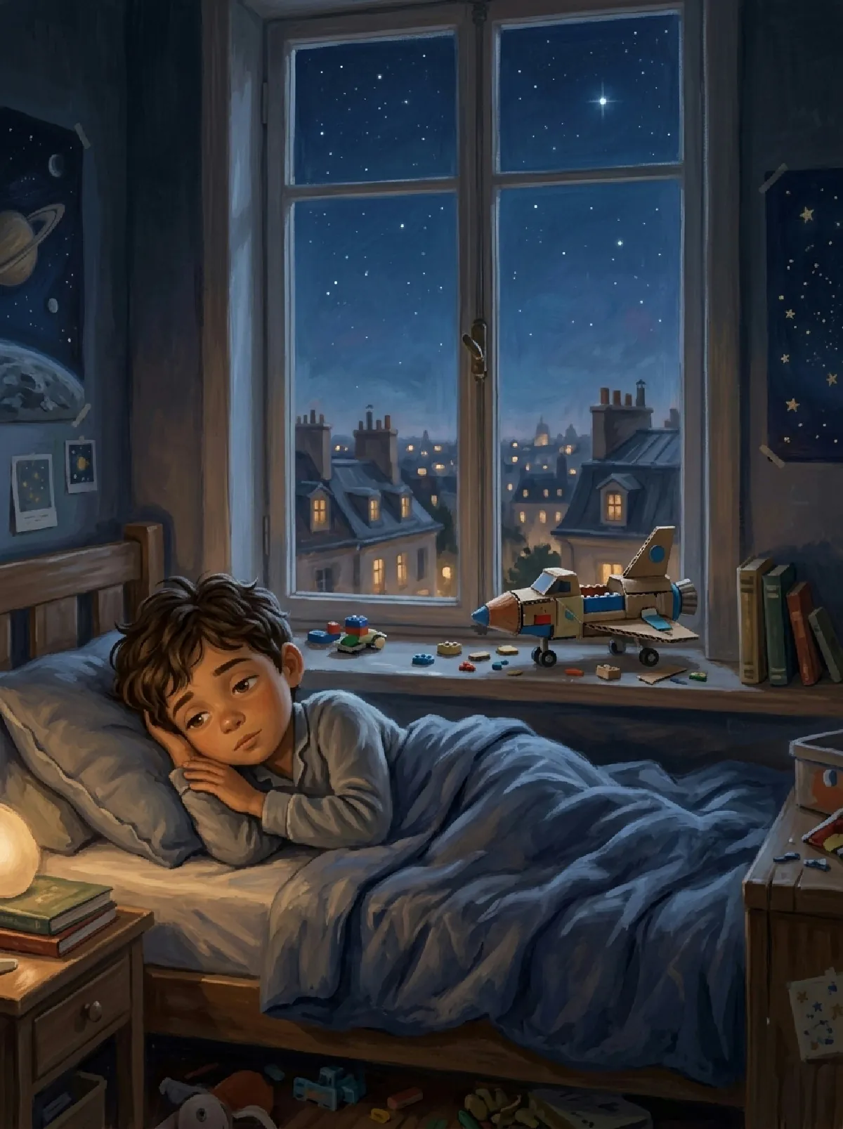 Mats liegt im Bett und schaut auf den Polarstern über den Dächern