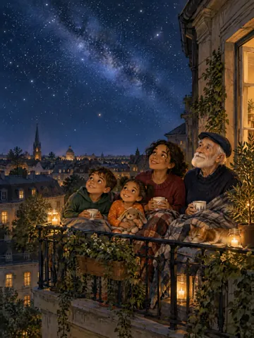 Mats, Ronja, Mama und Herr Albrecht sitzen in Decken auf dem Balkon und schauen in den Sternenhimmel