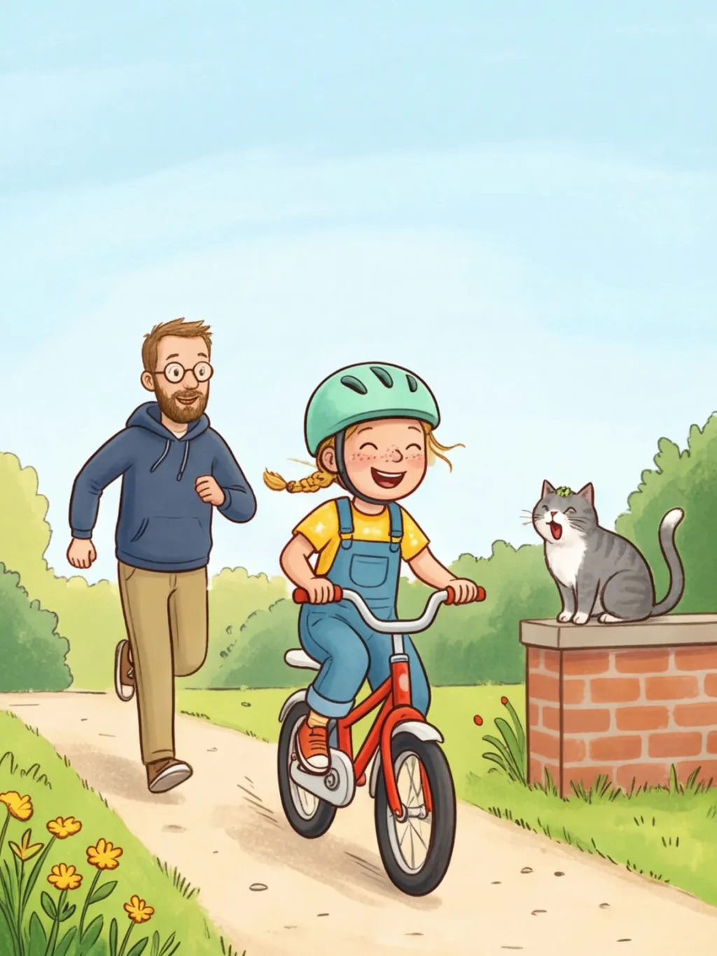 Greta fährt lachend auf ihrem roten Fahrrad den Gartenweg entlang, Papa läuft hinterher, ein Kater schaut von der Mauer
