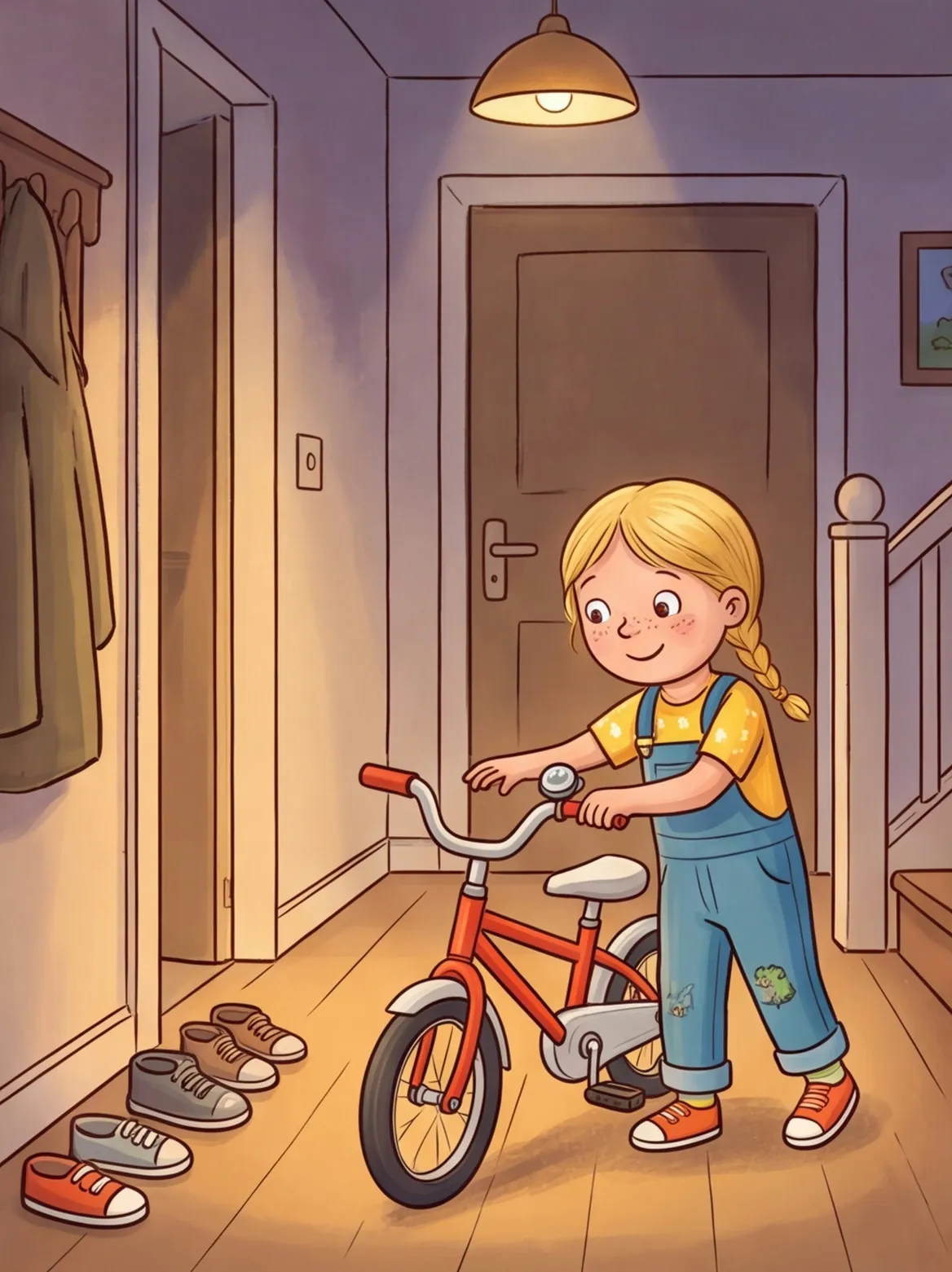 Greta schiebt ihr Fahrrad abends in den Flur neben ihre Schuhe