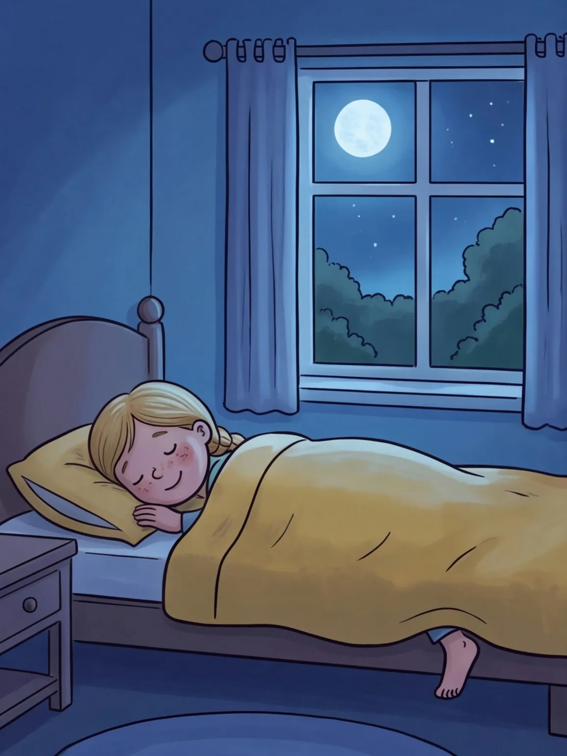 Greta schläft im Mondlicht, ein Fuß schaut unter der Decke hervor