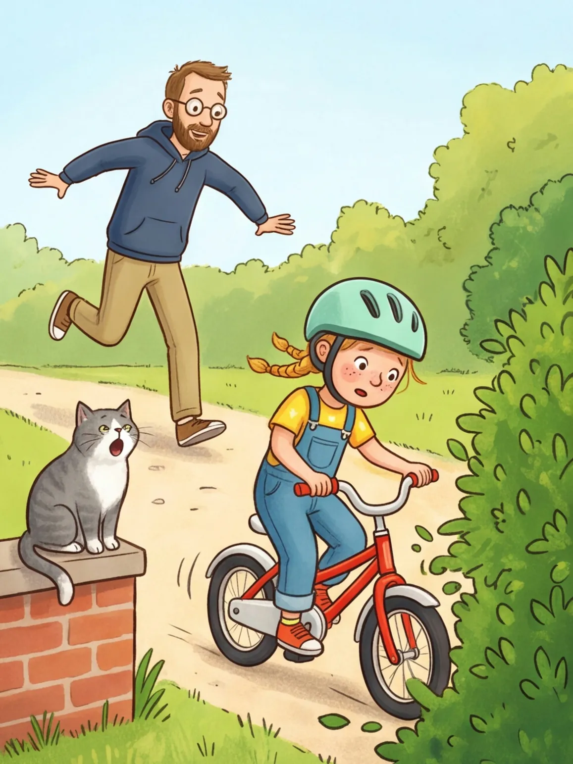 Greta wackelt mit dem Fahrrad in die Hecke, Papa rennt hinterher