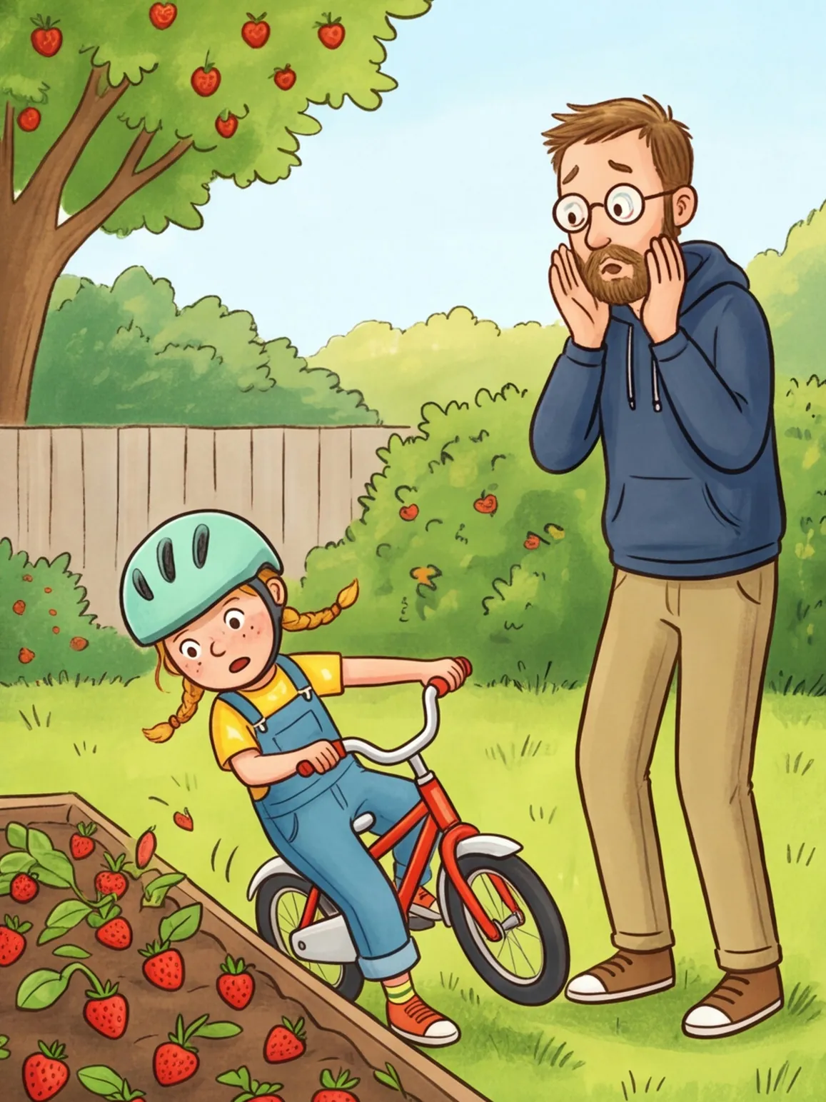 Greta kippt mit dem Fahrrad langsam in Papas Erdbeerbeet