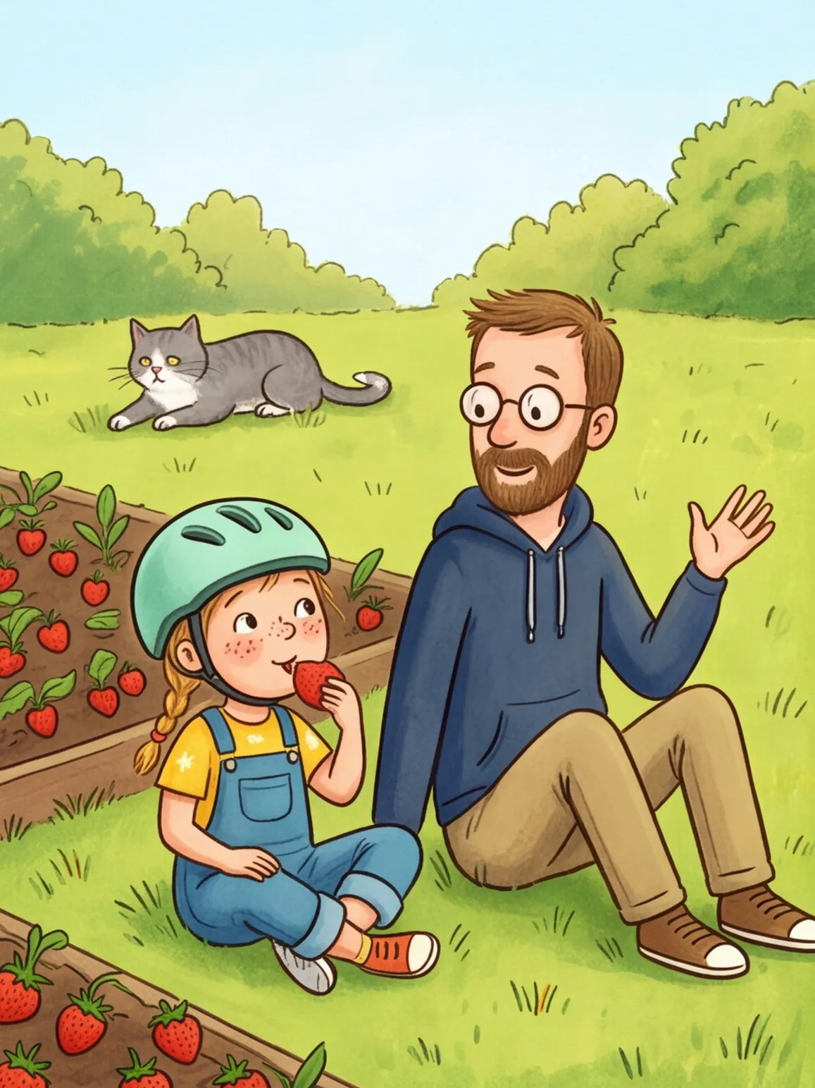 Greta isst eine zerdrückte Erdbeere, Papa erklärt ihr etwas