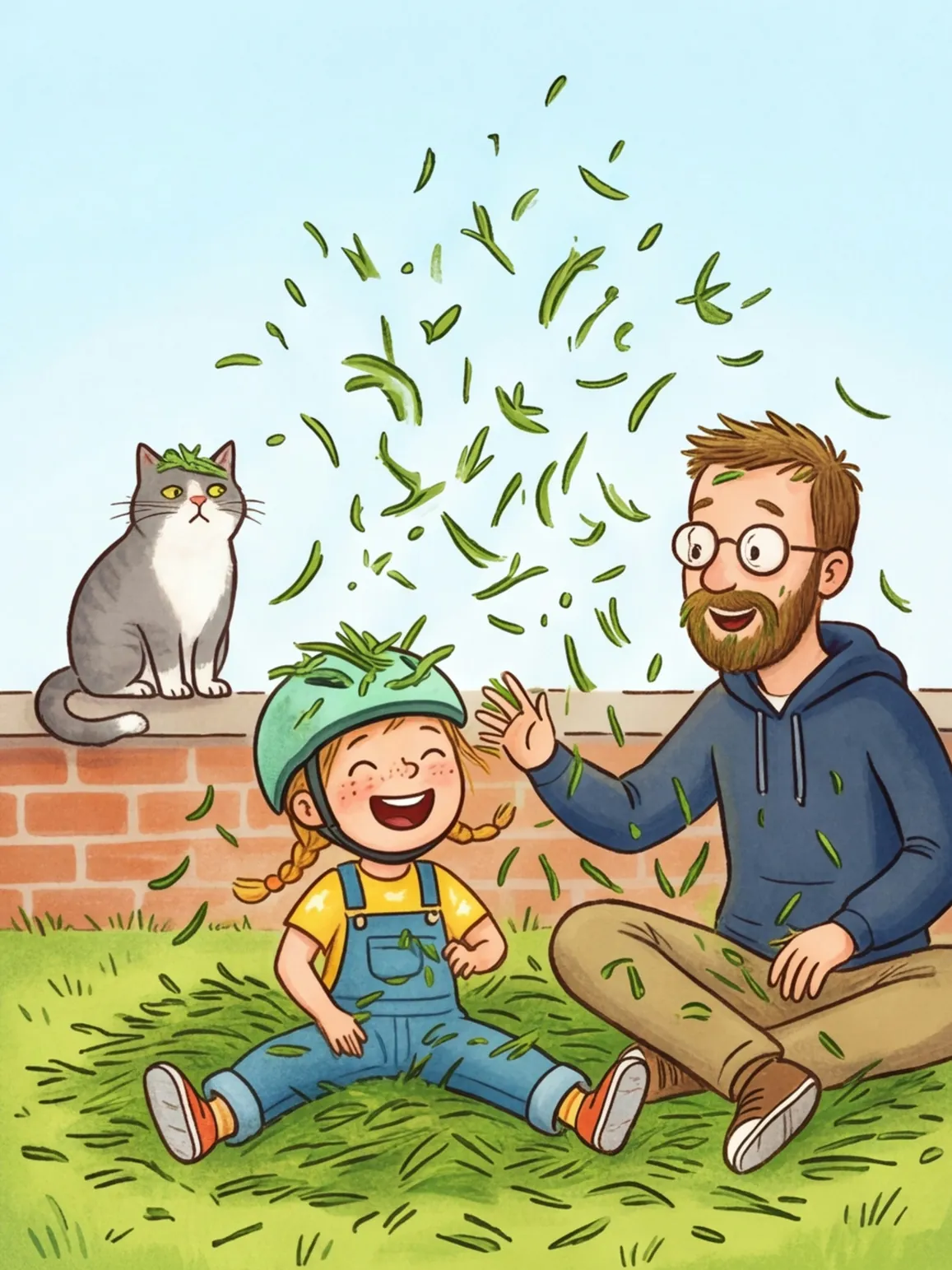 Gras fliegt wie Konfetti, Greta, Papa und der Kater haben Gras auf dem Kopf